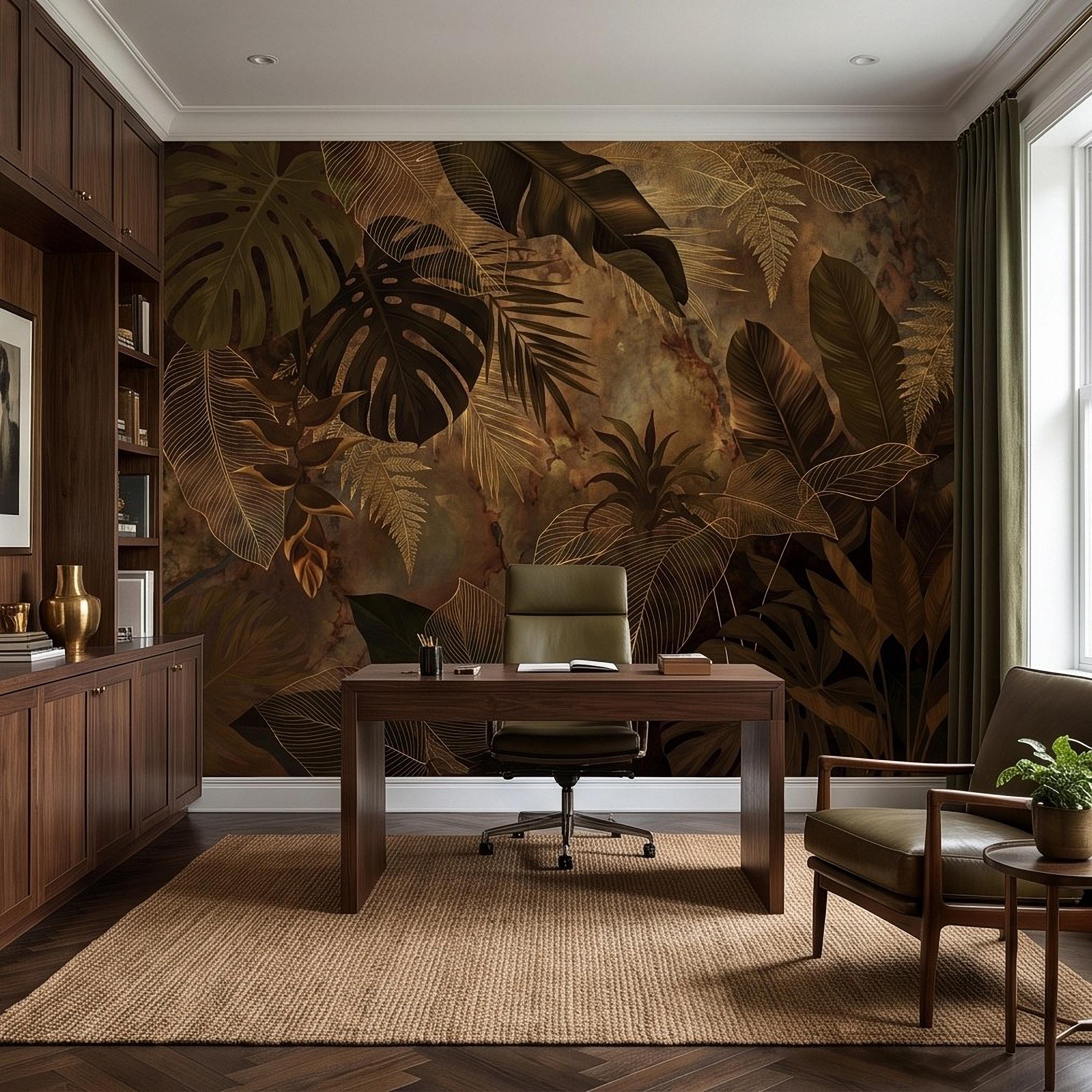 Dark Tropical Botanical Peel and Stick Wall Mural, Gold Leaf Outline Monstera Banana Leaves Luxury Jungle Wallpaper
