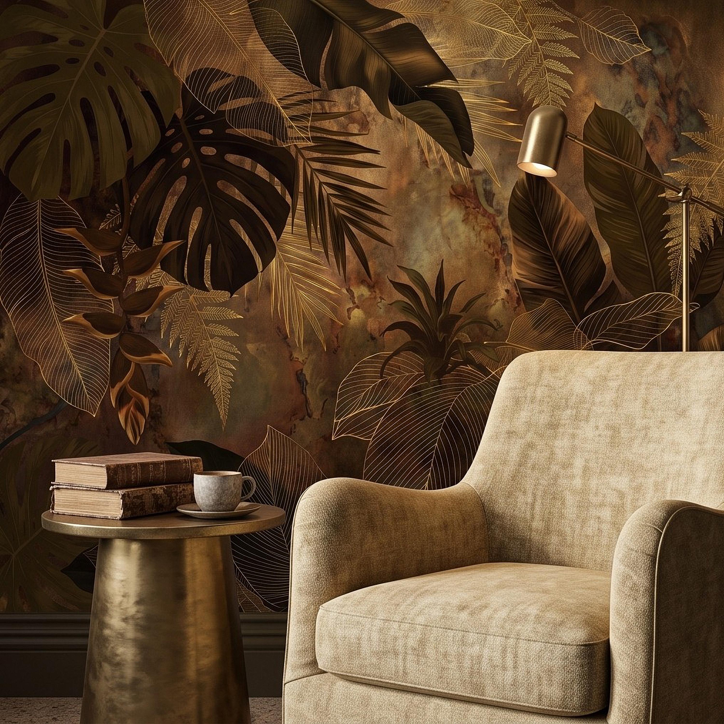 Dark Tropical Botanical Peel and Stick Wall Mural, Gold Leaf Outline Monstera Banana Leaves Luxury Jungle Wallpaper