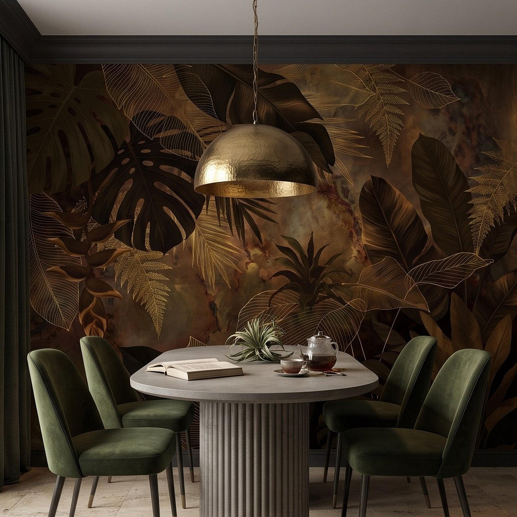 Dark Tropical Botanical Peel and Stick Wall Mural, Gold Leaf Outline Monstera Banana Leaves Luxury Jungle Wallpaper