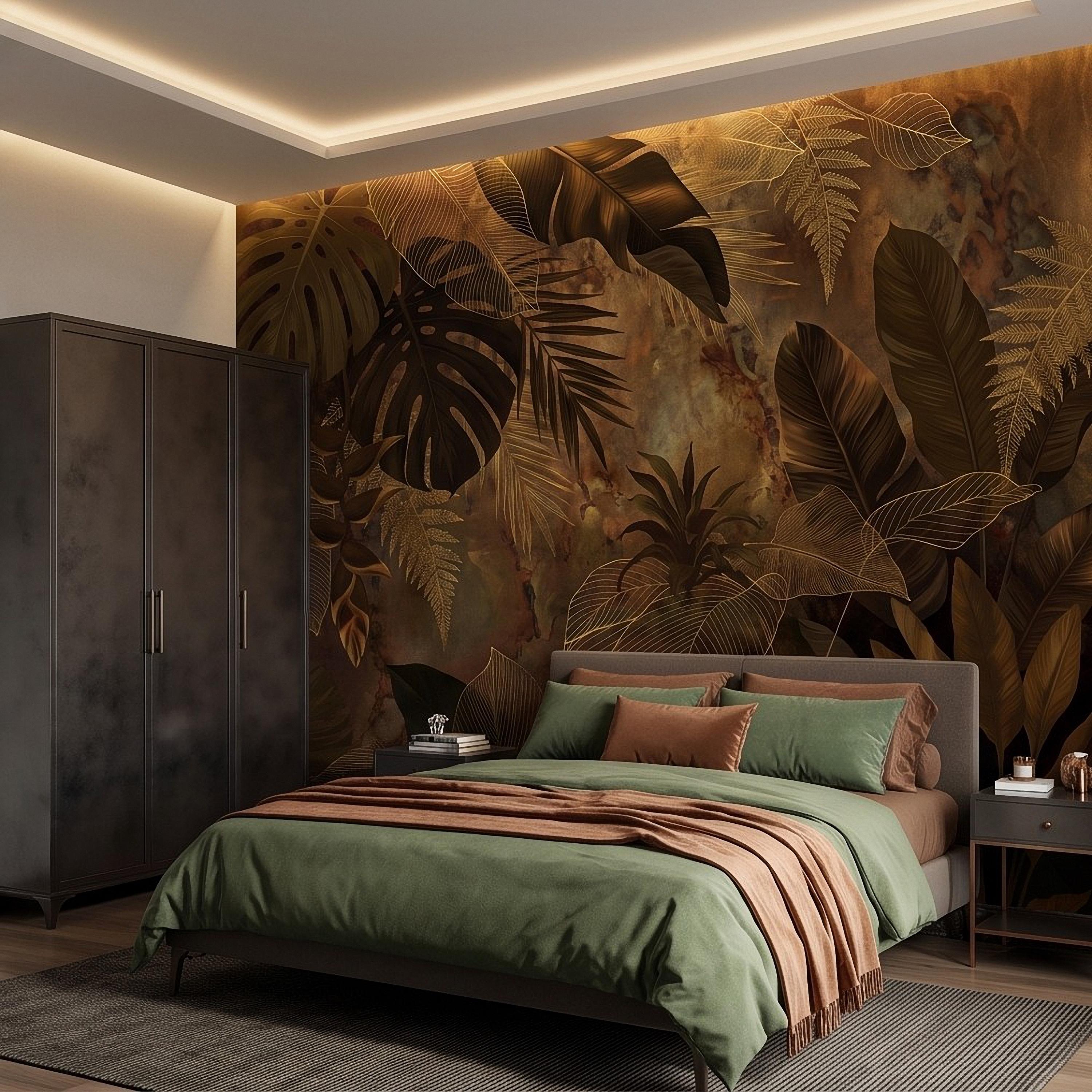 Dark Tropical Botanical Peel and Stick Wall Mural, Gold Leaf Outline Monstera Banana Leaves Luxury Jungle Wallpaper