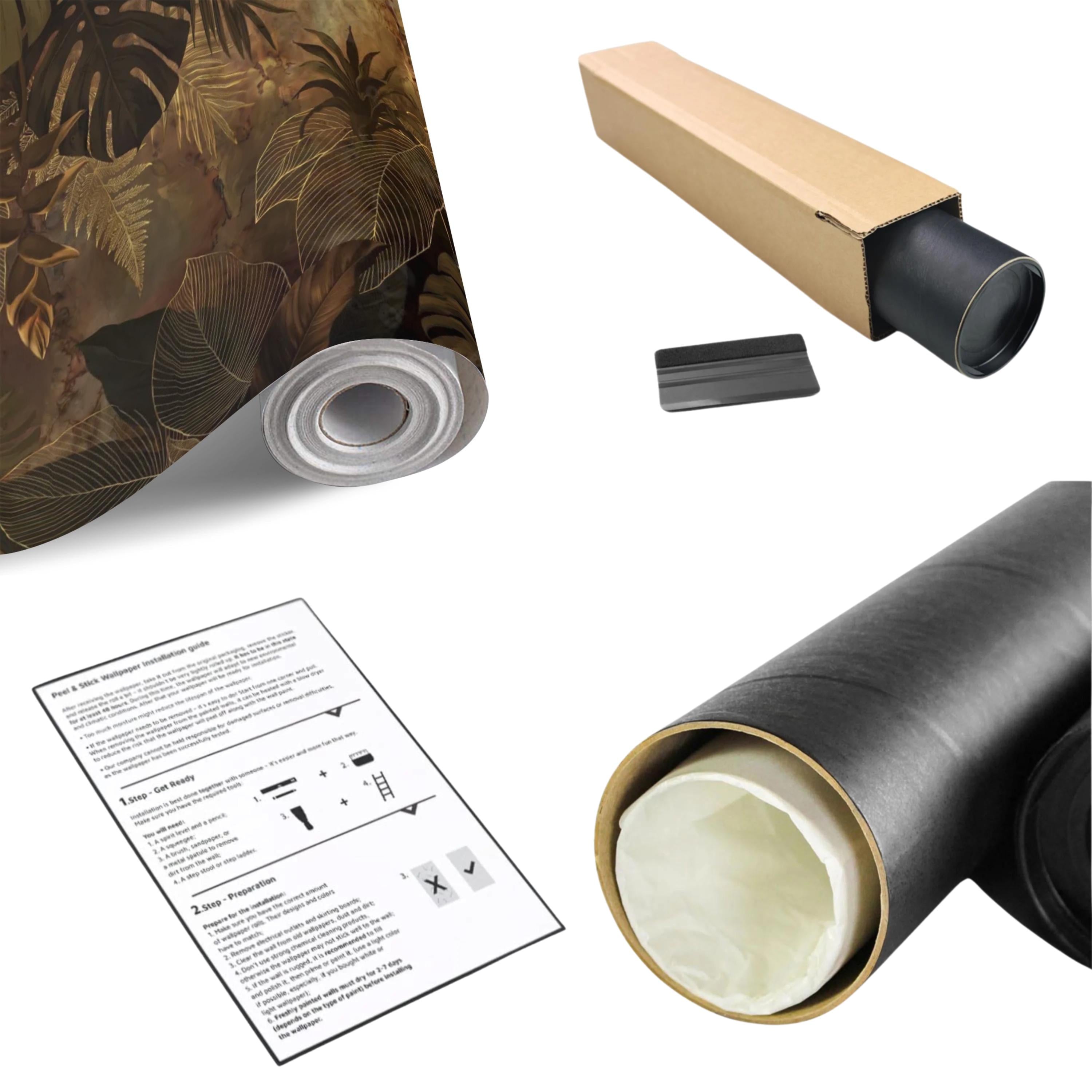 Dark Tropical Botanical Peel and Stick Wall Mural, Gold Leaf Outline Monstera Banana Leaves Luxury Jungle Wallpaper