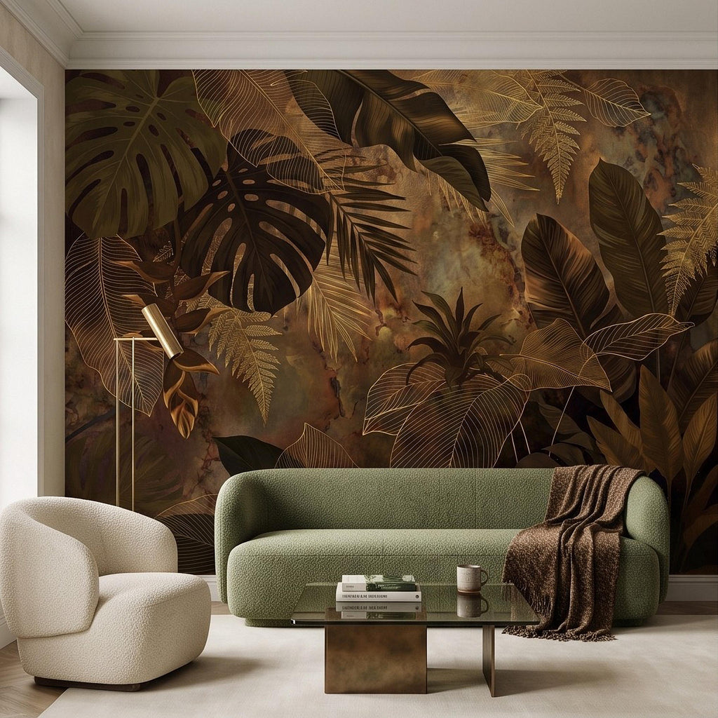 Dark Tropical Botanical Peel and Stick Wall Mural, Gold Leaf Outline Monstera Banana Leaves Luxury Jungle Wallpaper