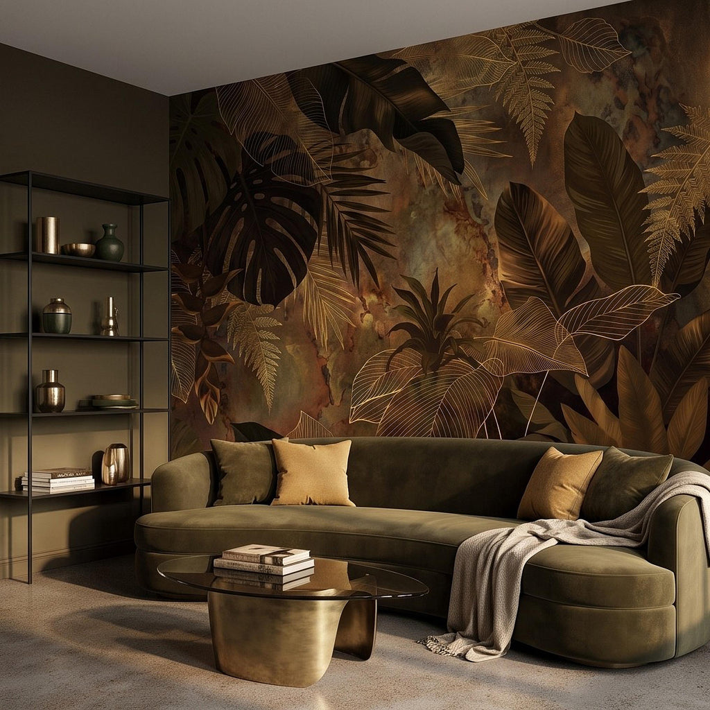 Dark Tropical Botanical Peel and Stick Wall Mural, Gold Leaf Outline Monstera Banana Leaves Luxury Jungle Wallpaper