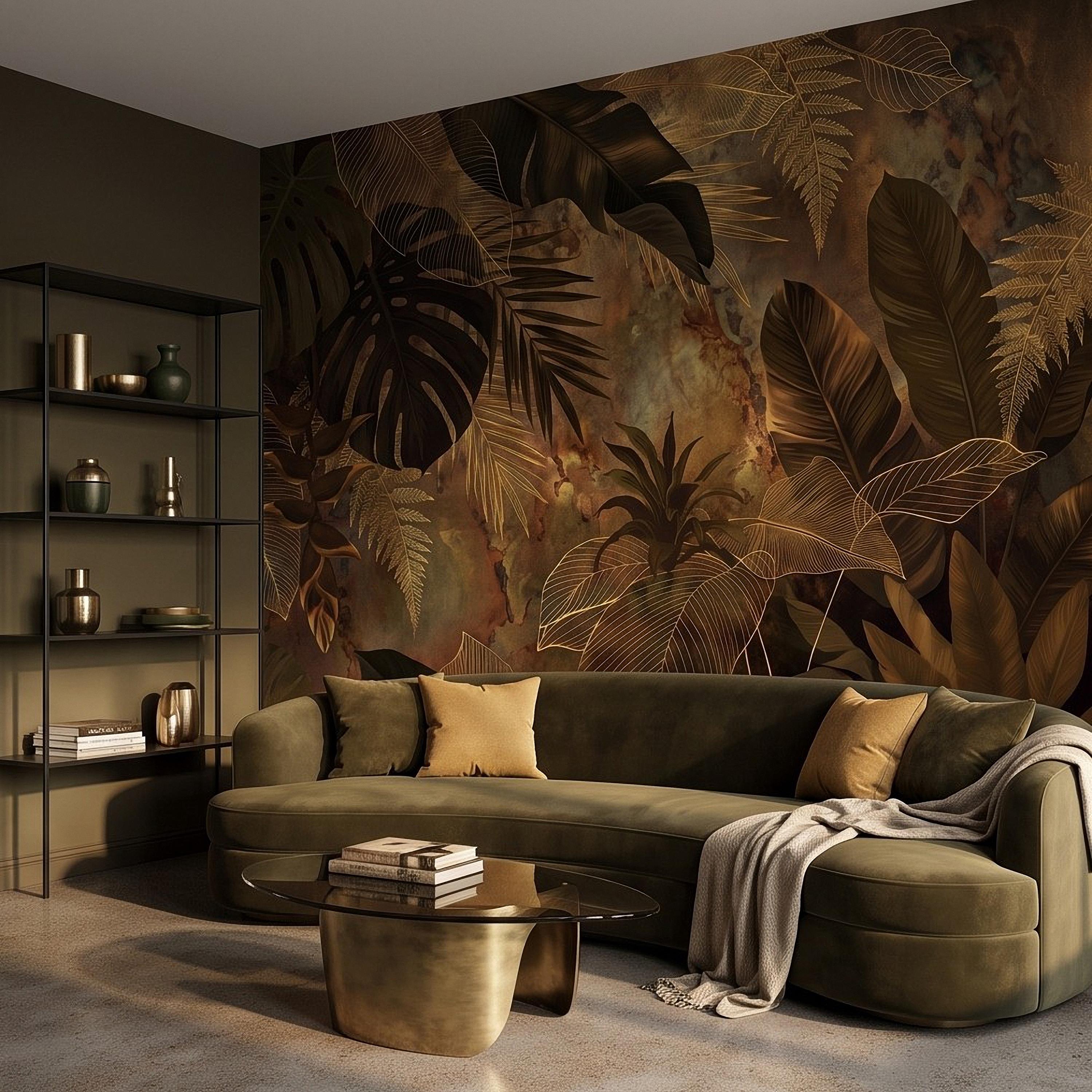 Dark Tropical Botanical Peel and Stick Wall Mural, Gold Leaf Outline Monstera Banana Leaves Luxury Jungle Wallpaper