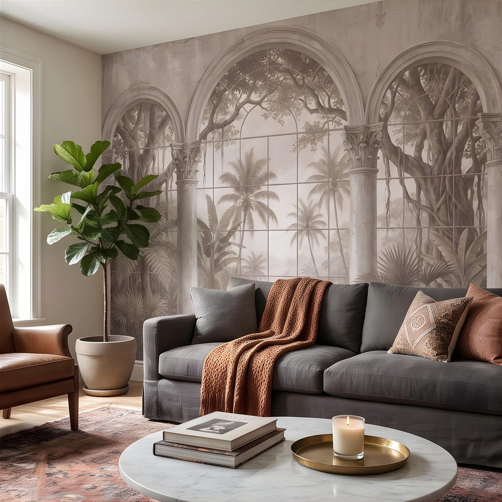 Vintage Arched Window Peel and Stick Wall Mural, Tropical Garden View Stone Columns Scenic Wallpaper