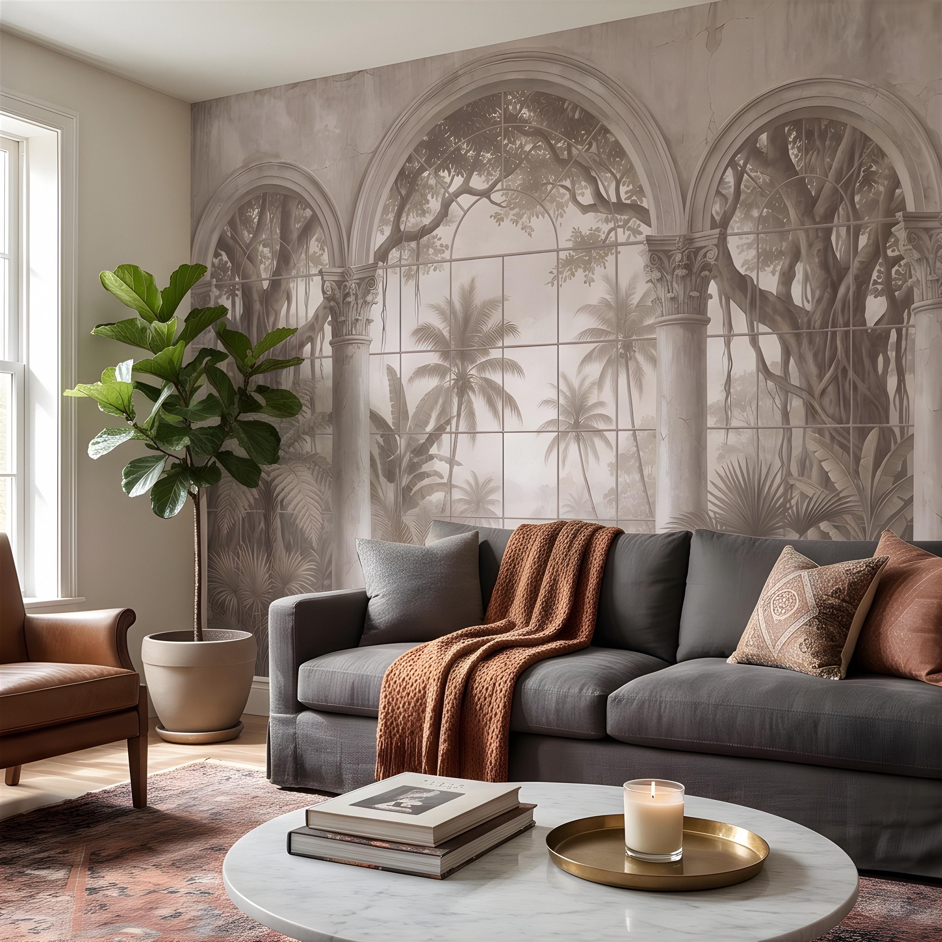Vintage Arched Window Peel and Stick Wall Mural, Tropical Garden View Stone Columns Scenic Wallpaper