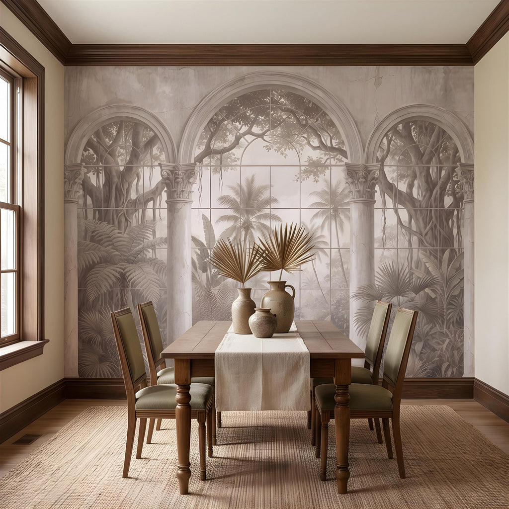 Vintage Arched Window Peel and Stick Wall Mural, Tropical Garden View Stone Columns Scenic Wallpaper
