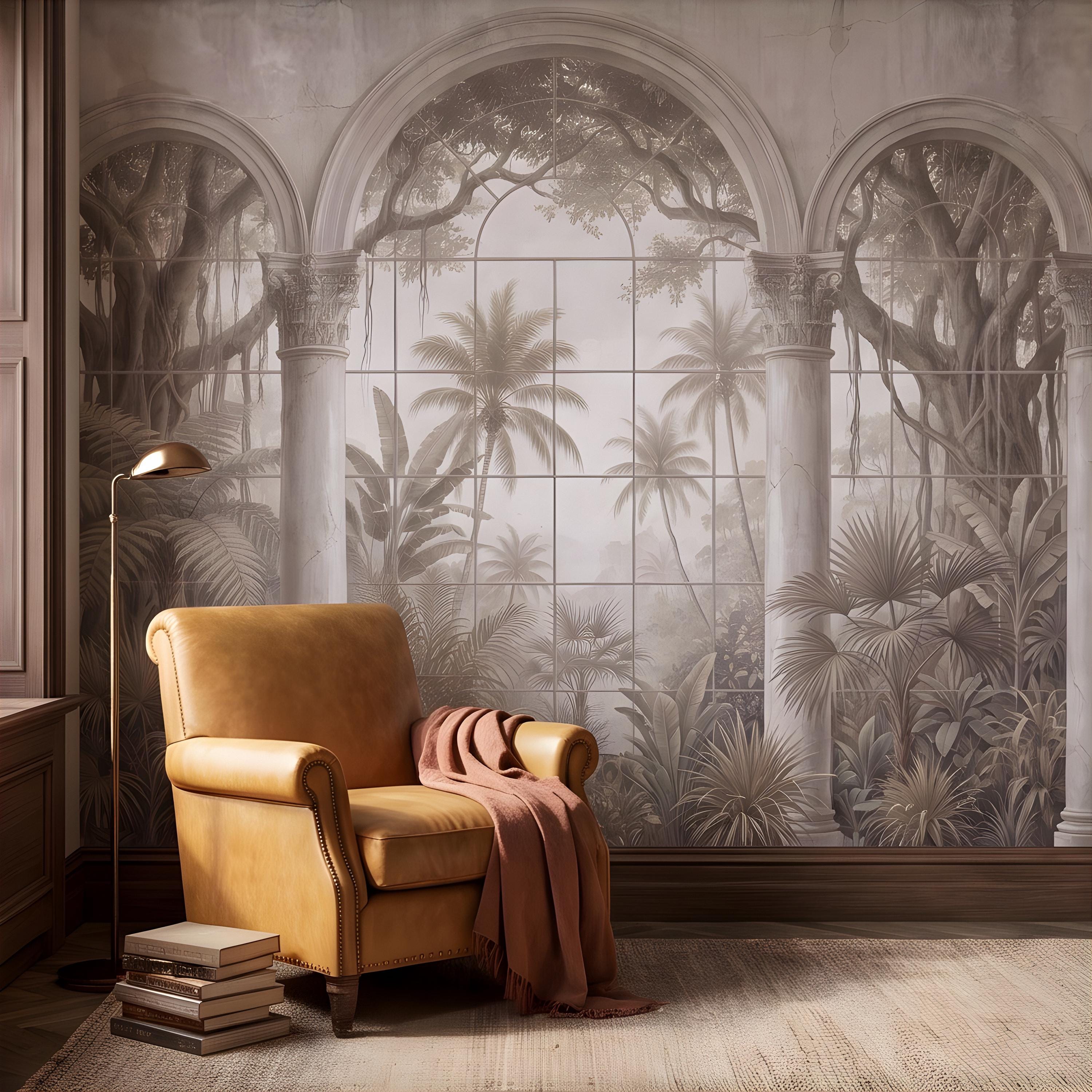 Vintage Arched Window Peel and Stick Wall Mural, Tropical Garden View Stone Columns Scenic Wallpaper