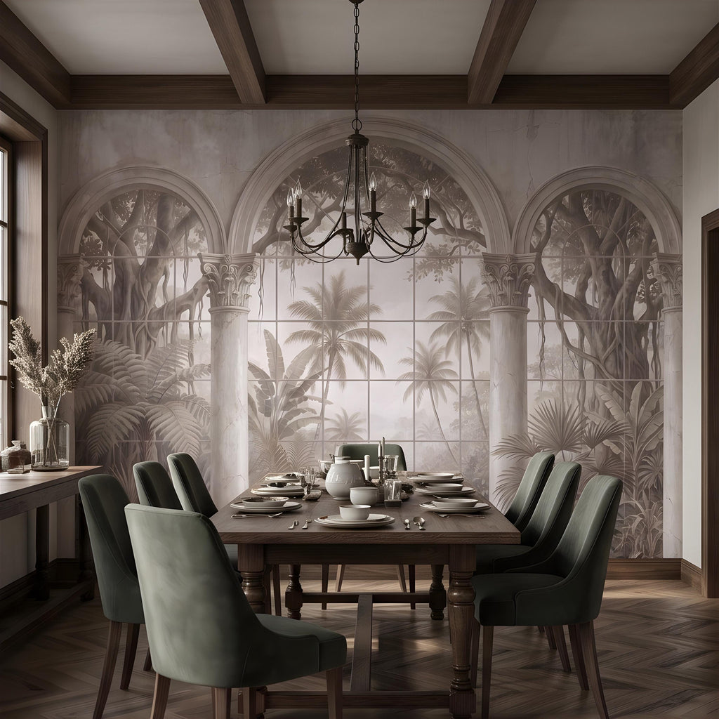 Vintage Arched Window Peel and Stick Wall Mural, Tropical Garden View Stone Columns Scenic Wallpaper