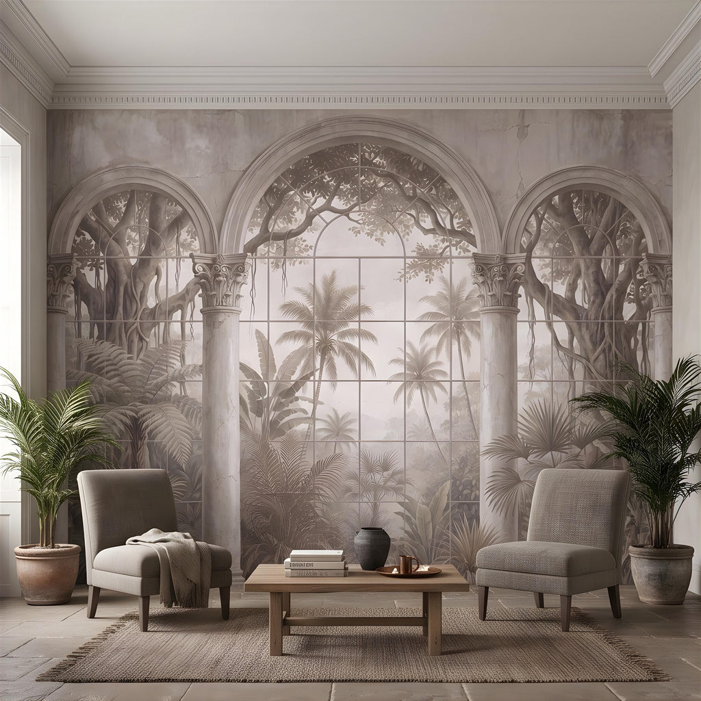 Vintage Arched Window Peel and Stick Wall Mural, Tropical Garden View Stone Columns Scenic Wallpaper