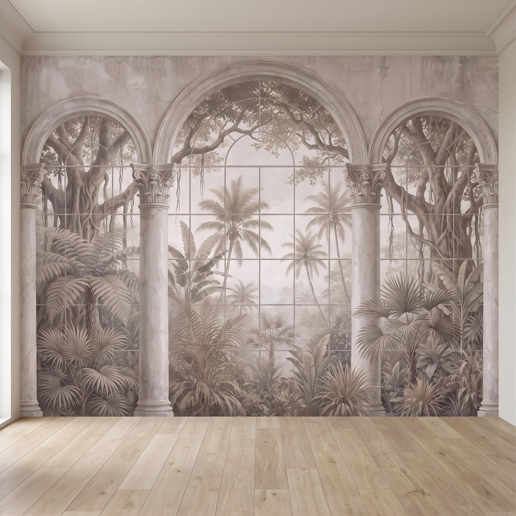 Vintage Arched Window Peel and Stick Wall Mural, Tropical Garden View Stone Columns Scenic Wallpaper