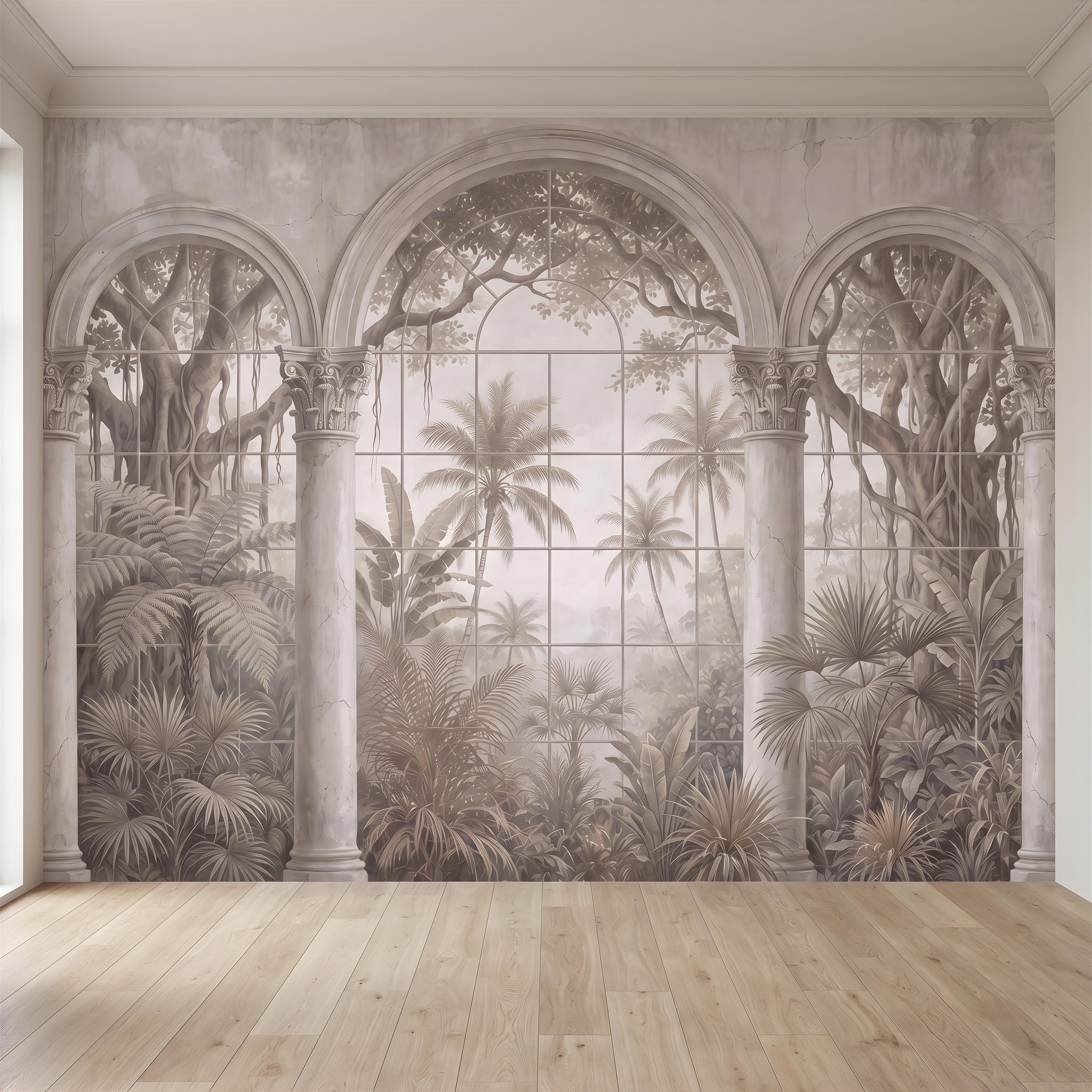 Vintage Arched Window Peel and Stick Wall Mural, Tropical Garden View Stone Columns Scenic Wallpaper