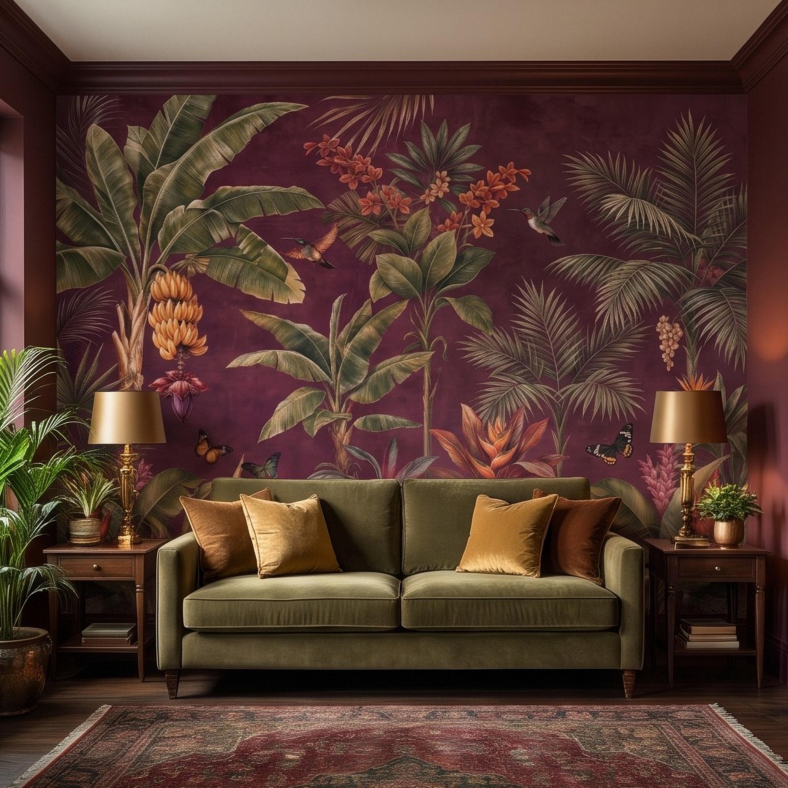 Tropical Botanical Peel and Stick Wall Mural, Burgundy Banana Palm Trees Birds Butterflies Exotic Floral Jungle Wallpaper
