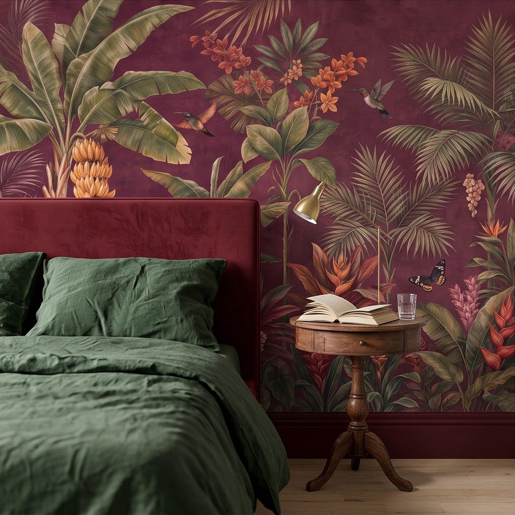 Tropical Botanical Peel and Stick Wall Mural, Burgundy Banana Palm Trees Birds Butterflies Exotic Floral Jungle Wallpaper