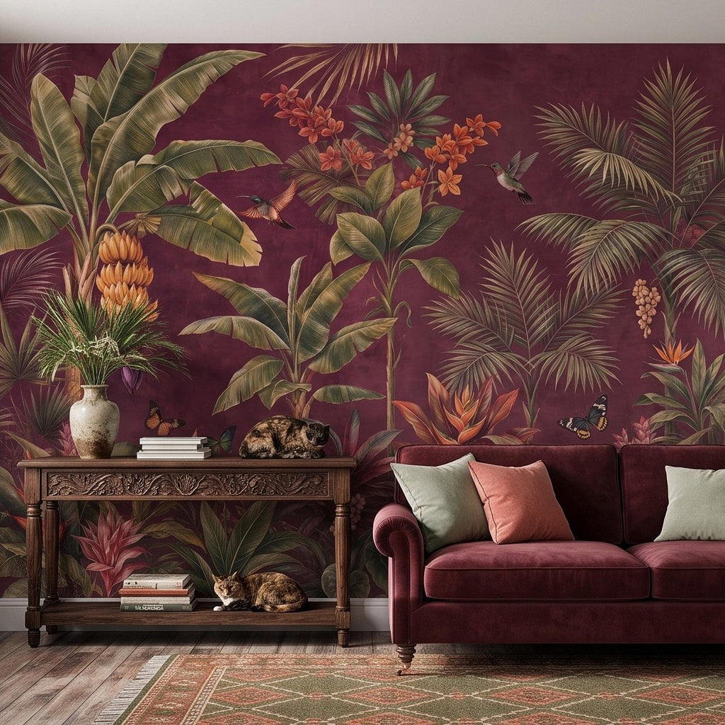 Tropical Botanical Peel and Stick Wall Mural, Burgundy Banana Palm Trees Birds Butterflies Exotic Floral Jungle Wallpaper