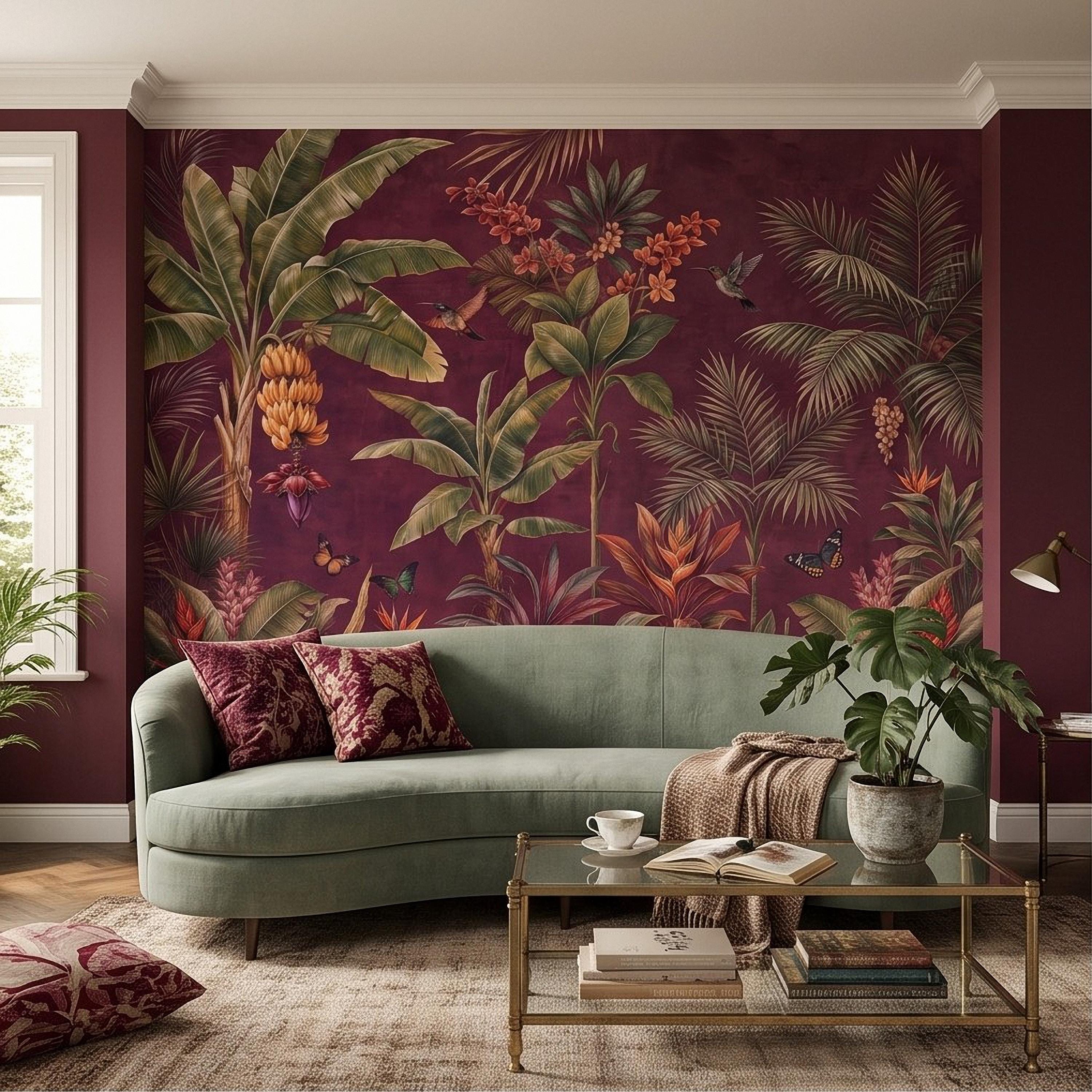 Tropical Botanical Peel and Stick Wall Mural, Burgundy Banana Palm Trees Birds Butterflies Exotic Floral Jungle Wallpaper
