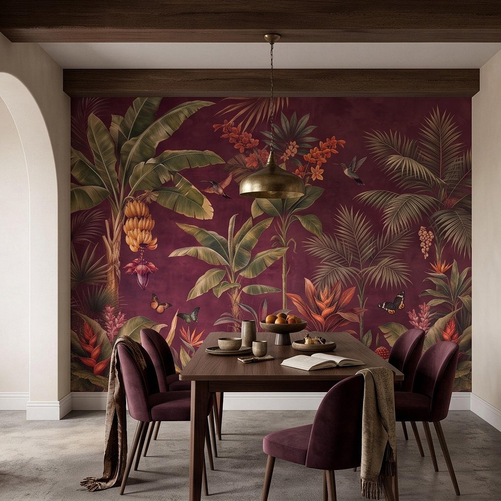 Tropical Botanical Peel and Stick Wall Mural, Burgundy Banana Palm Trees Birds Butterflies Exotic Floral Jungle Wallpaper