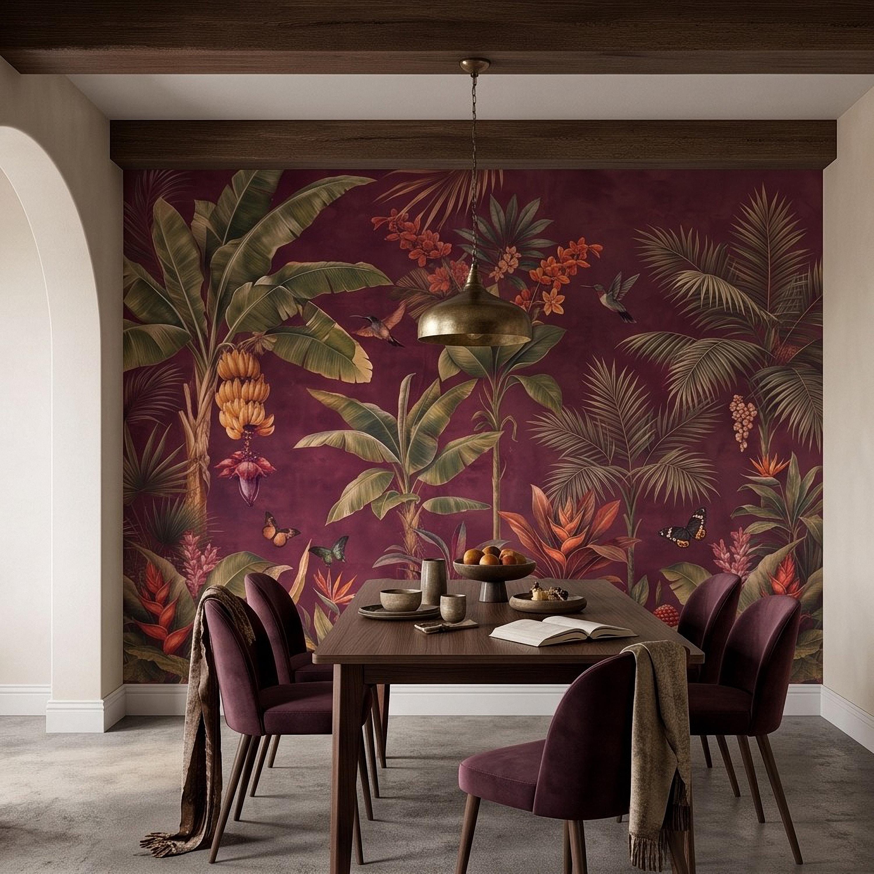 Tropical Botanical Peel and Stick Wall Mural, Burgundy Banana Palm Trees Birds Butterflies Exotic Floral Jungle Wallpaper