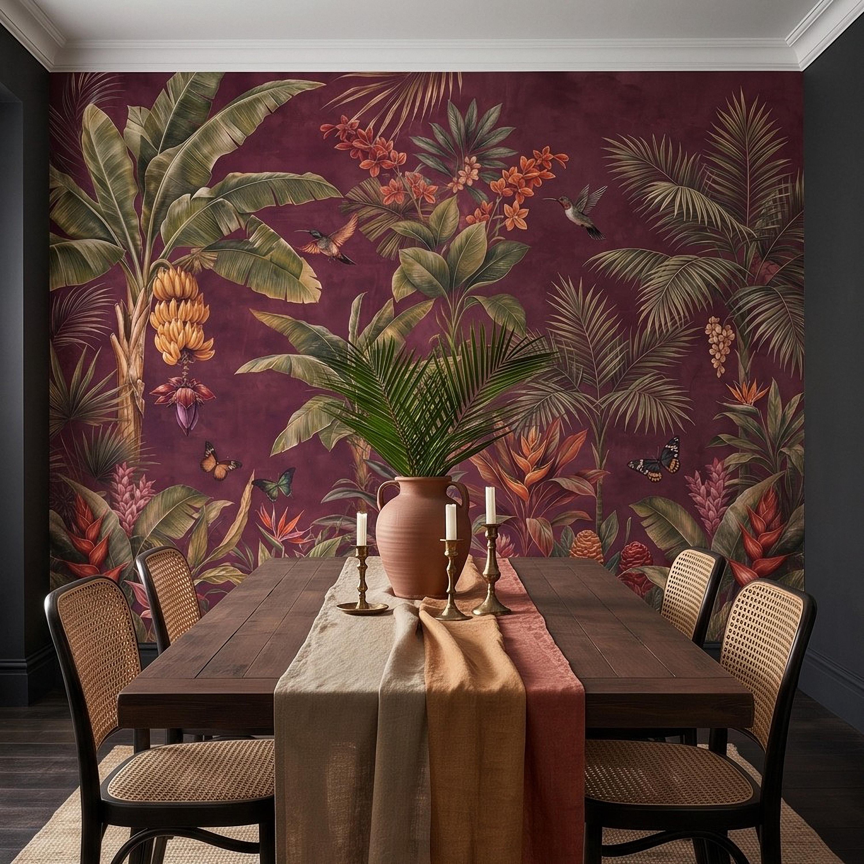 Tropical Botanical Peel and Stick Wall Mural, Burgundy Banana Palm Trees Birds Butterflies Exotic Floral Jungle Wallpaper