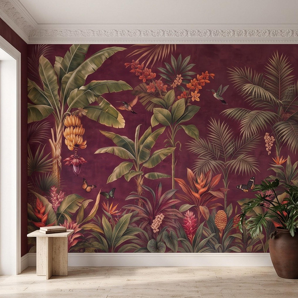 Tropical Botanical Peel and Stick Wall Mural, Burgundy Banana Palm Trees Birds Butterflies Exotic Floral Jungle Wallpaper