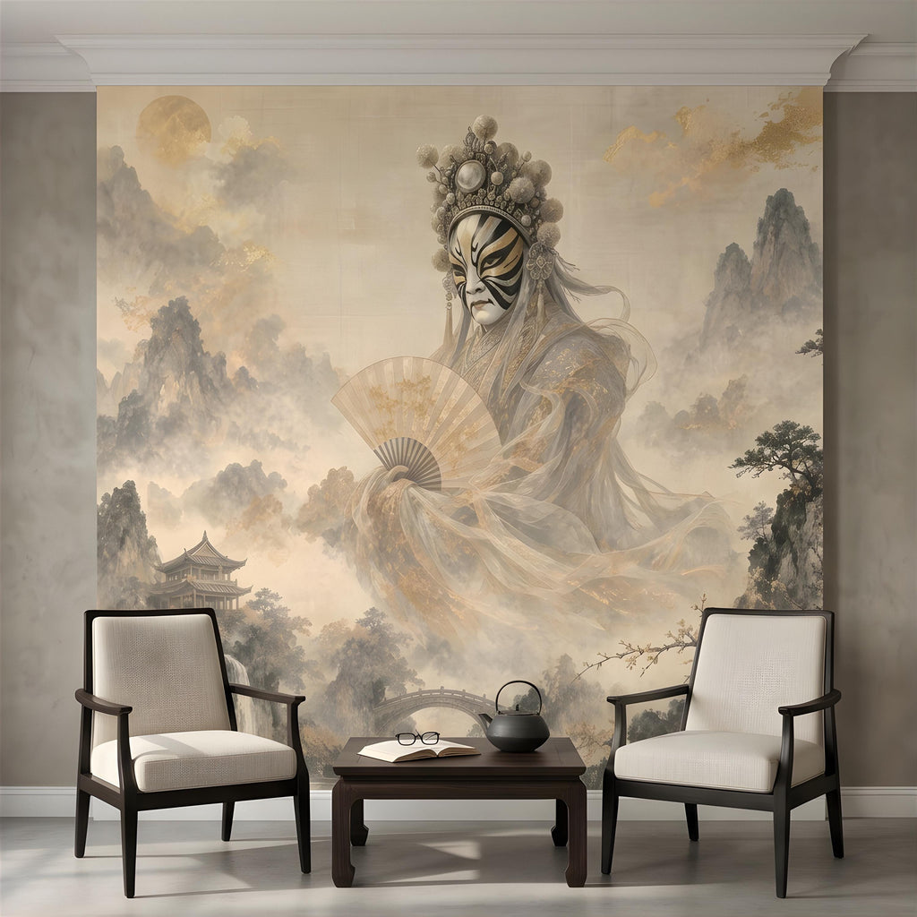Mystic Oriental Figure Peel and Stick Wall Mural, Vintage Mountain Pagoda Landscape Traditional Asian Wallpaper
