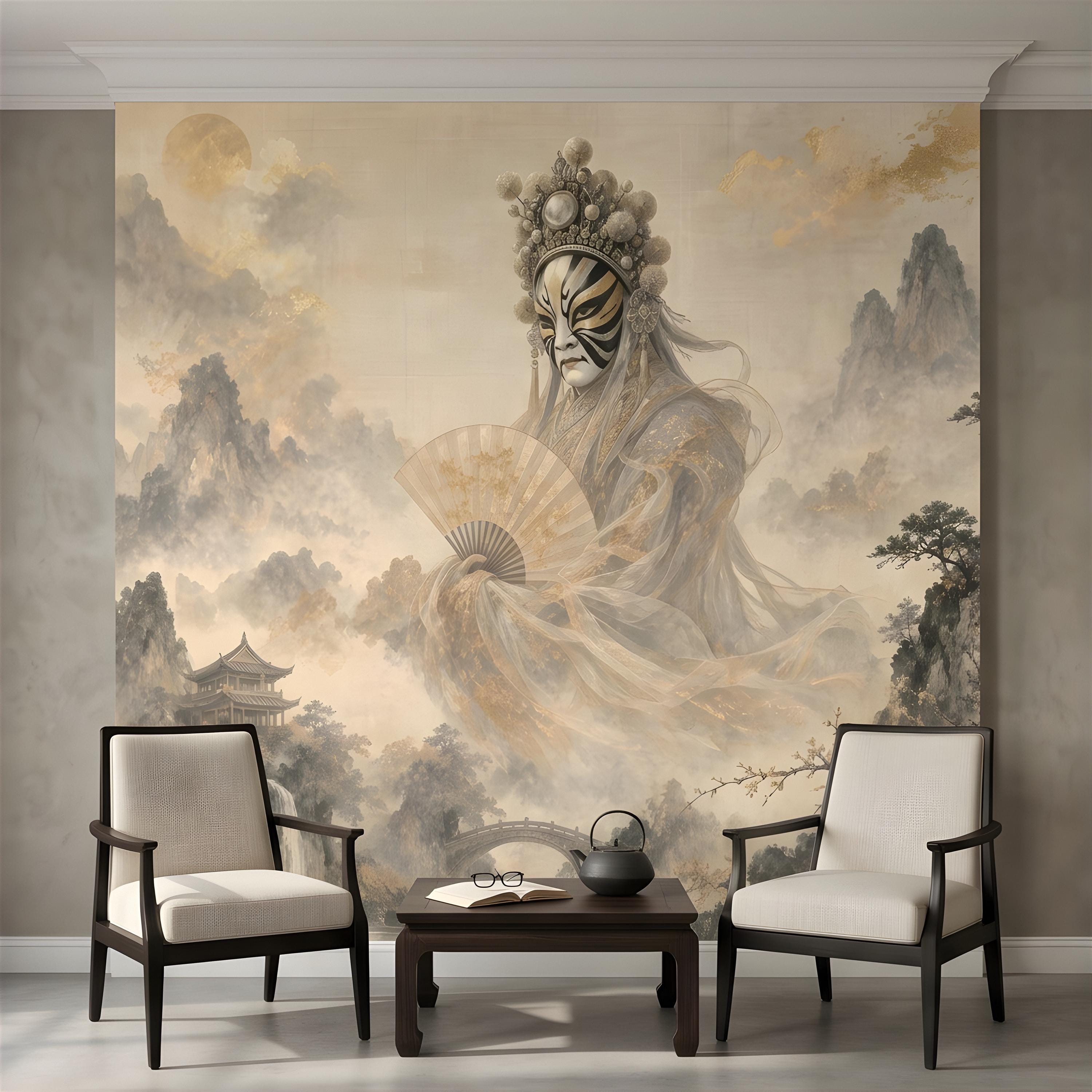Mystic Oriental Figure Peel and Stick Wall Mural, Vintage Mountain Pagoda Landscape Traditional Asian Wallpaper