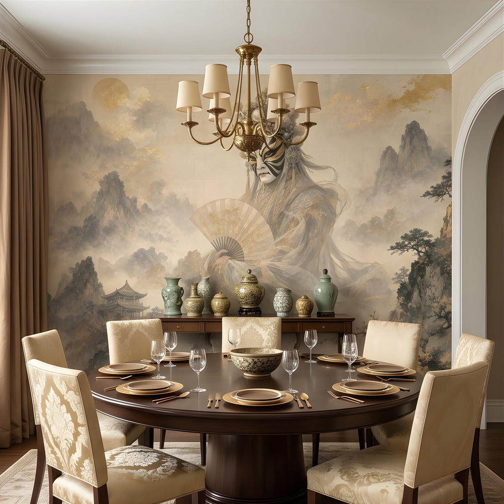 Mystic Oriental Figure Peel and Stick Wall Mural, Vintage Mountain Pagoda Landscape Traditional Asian Wallpaper