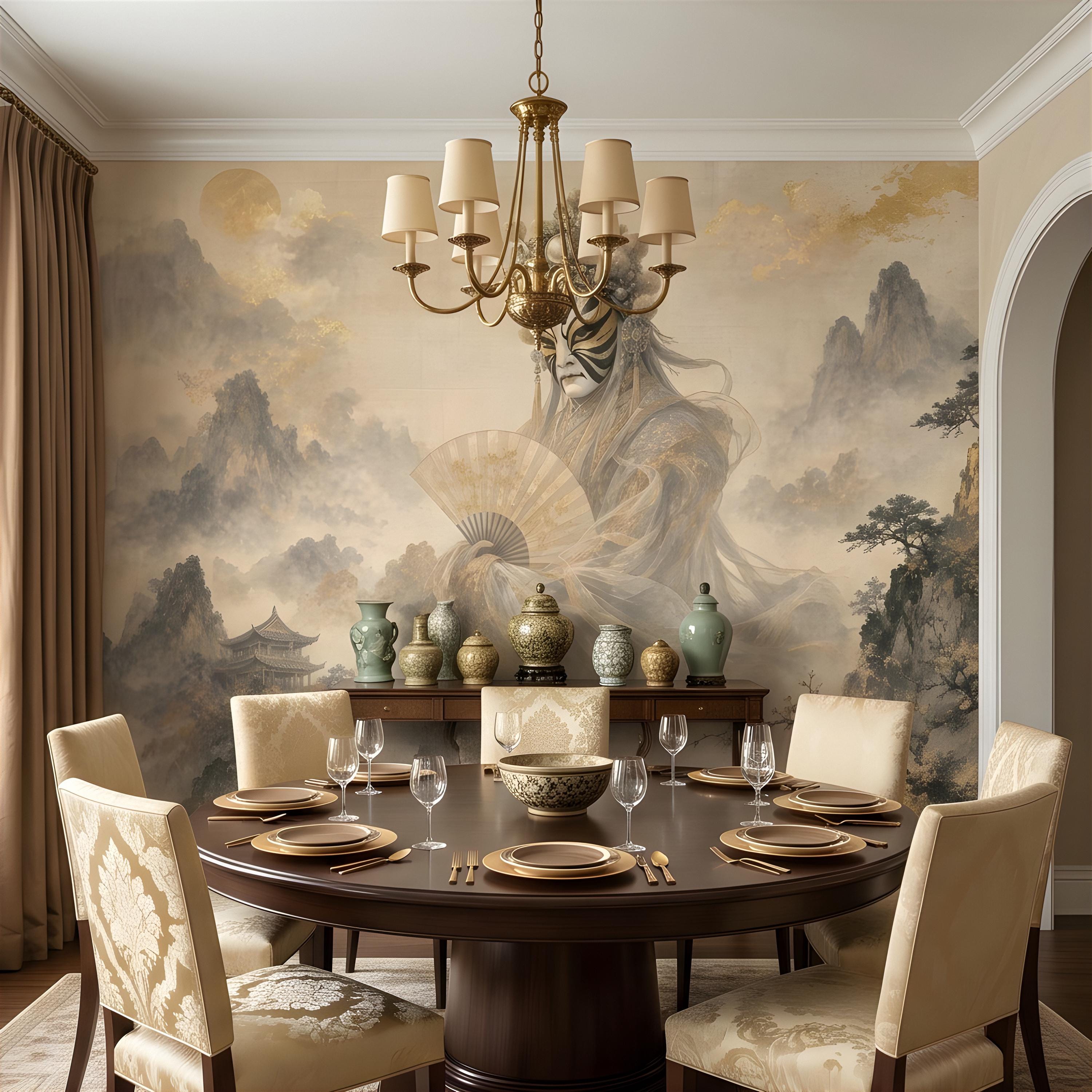 Mystic Oriental Figure Peel and Stick Wall Mural, Vintage Mountain Pagoda Landscape Traditional Asian Wallpaper