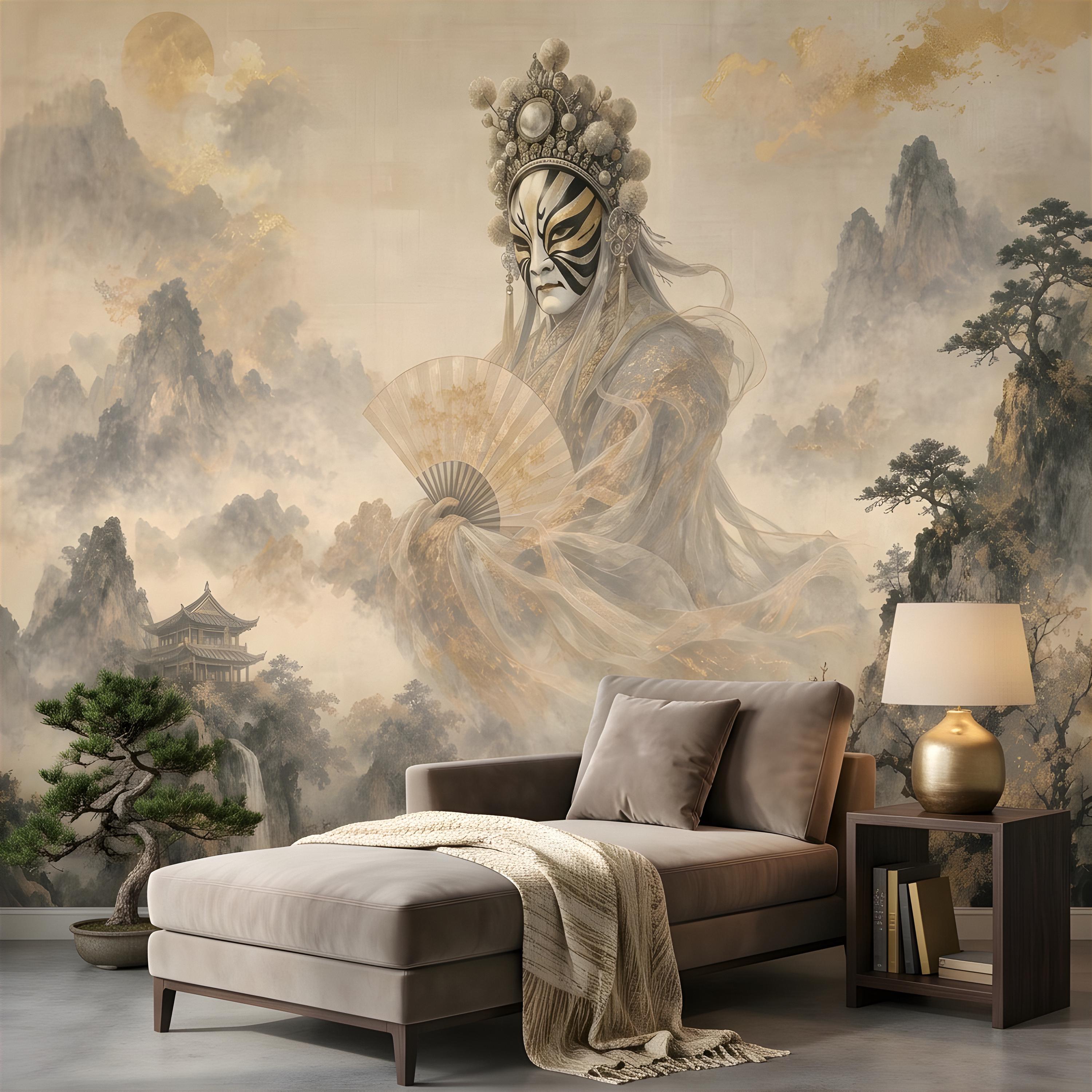 Mystic Oriental Figure Peel and Stick Wall Mural, Vintage Mountain Pagoda Landscape Traditional Asian Wallpaper