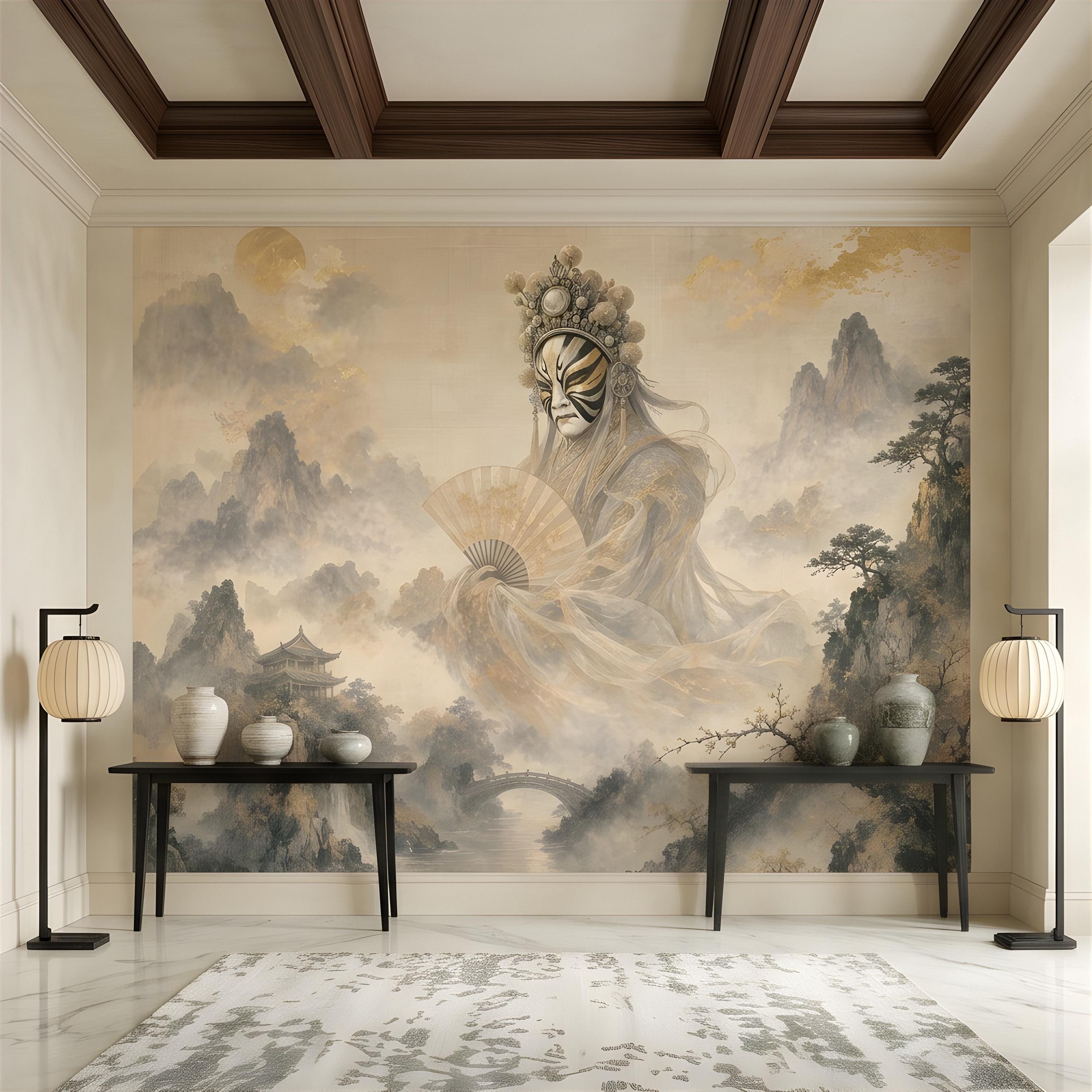 Mystic Oriental Figure Peel and Stick Wall Mural, Vintage Mountain Pagoda Landscape Traditional Asian Wallpaper