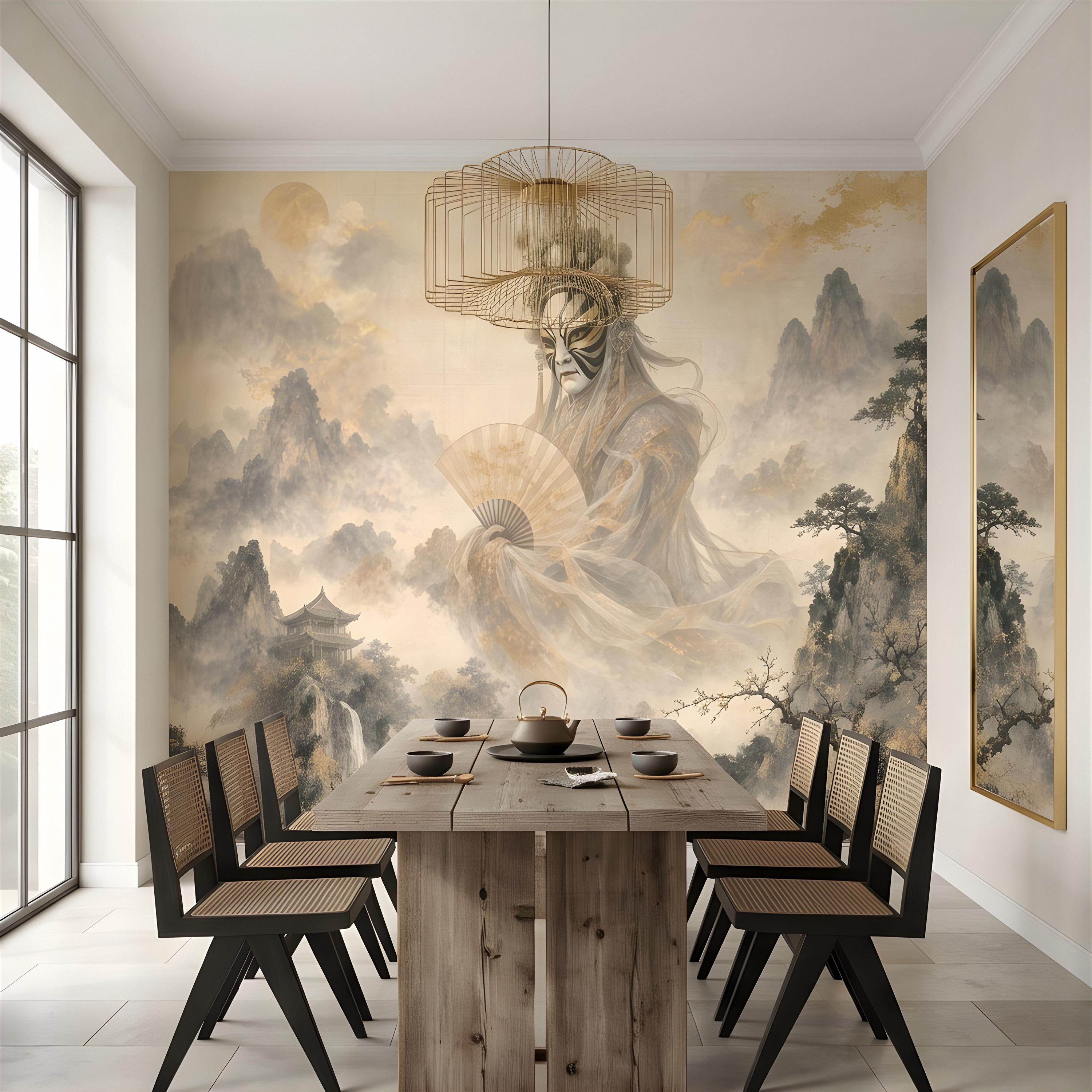 Mystic Oriental Figure Peel and Stick Wall Mural, Vintage Mountain Pagoda Landscape Traditional Asian Wallpaper