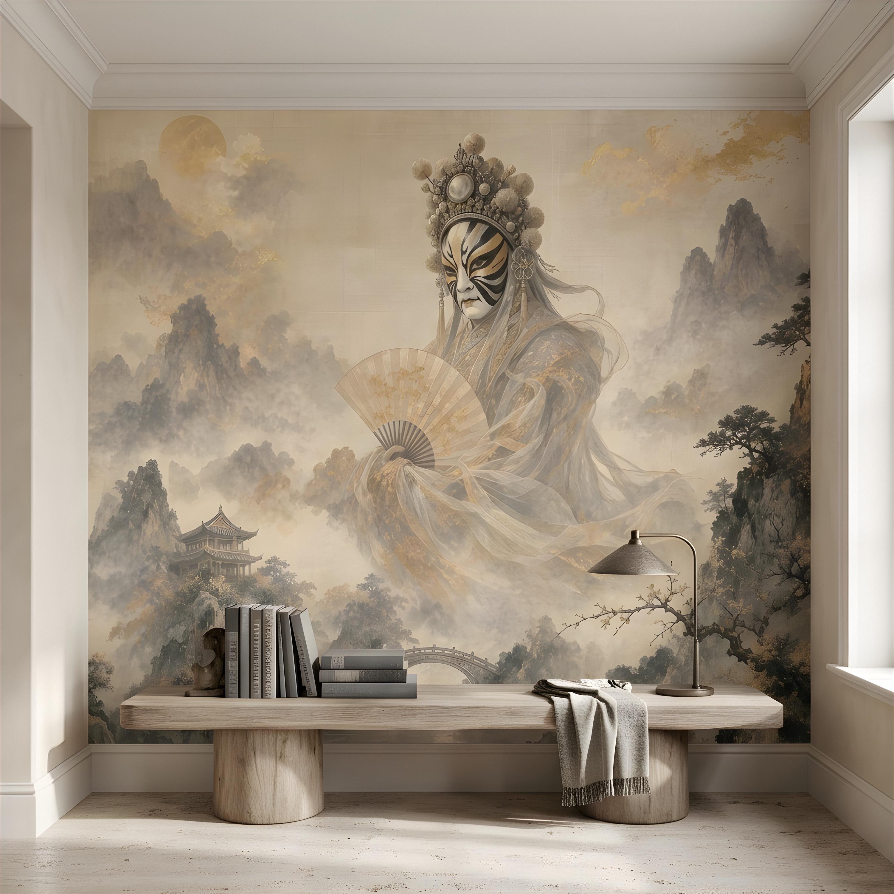 Mystic Oriental Figure Peel and Stick Wall Mural, Vintage Mountain Pagoda Landscape Traditional Asian Wallpaper