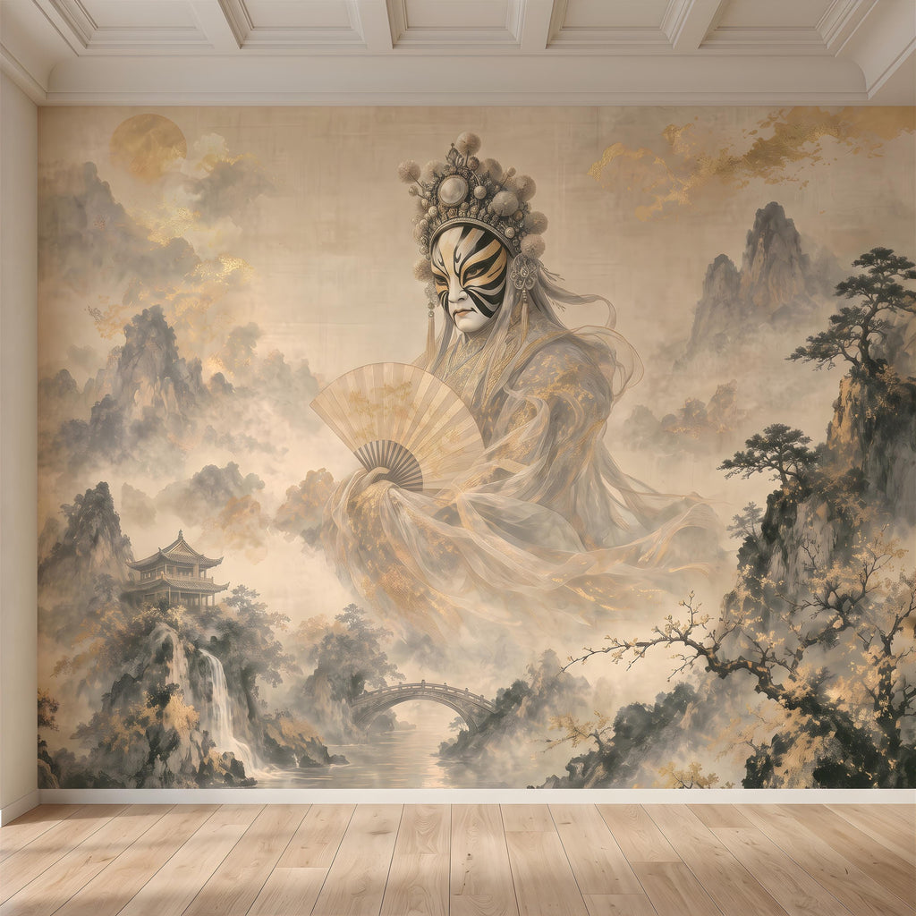 Mystic Oriental Figure Peel and Stick Wall Mural, Vintage Mountain Pagoda Landscape Traditional Asian Wallpaper
