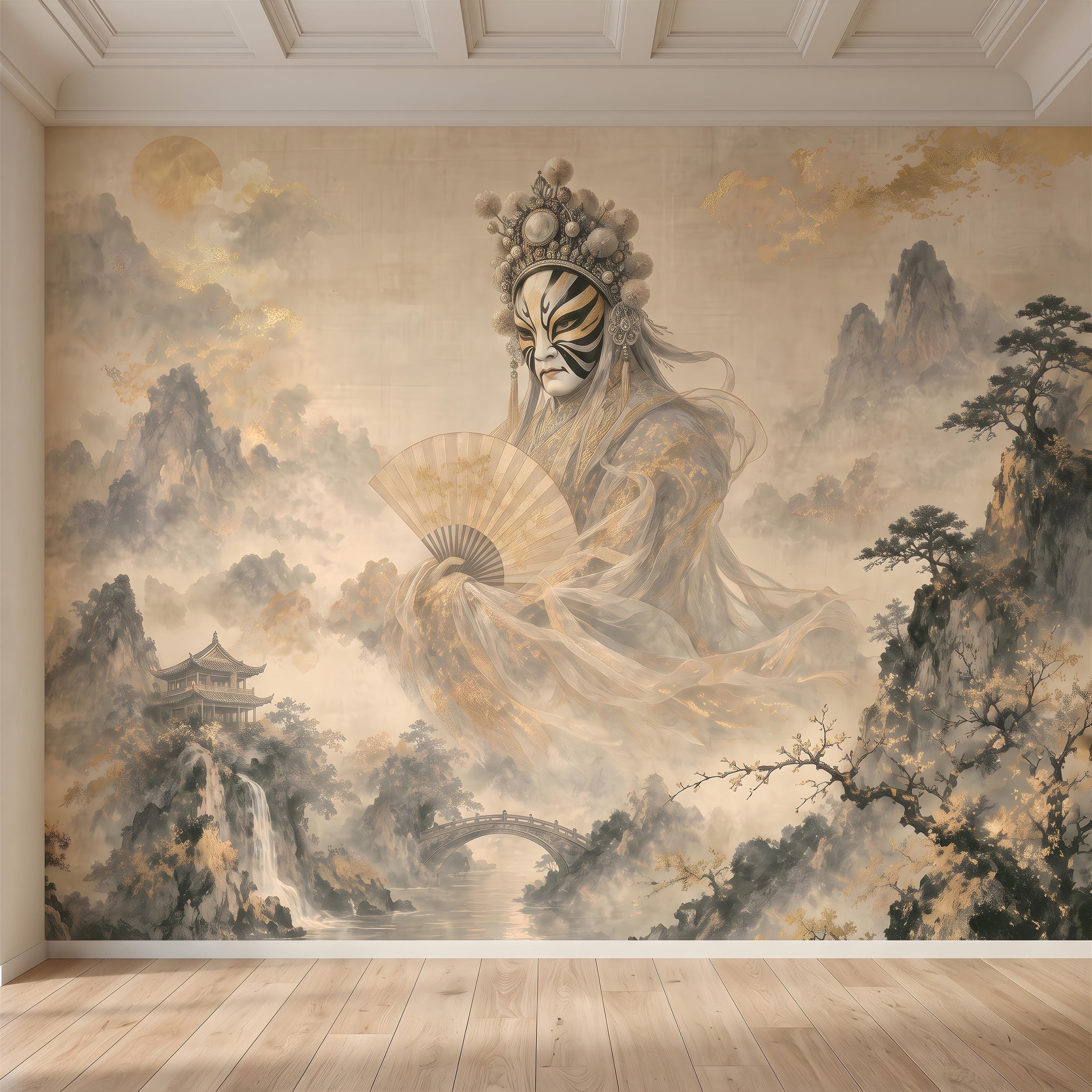 Mystic Oriental Figure Peel and Stick Wall Mural, Vintage Mountain Pagoda Landscape Traditional Asian Wallpaper