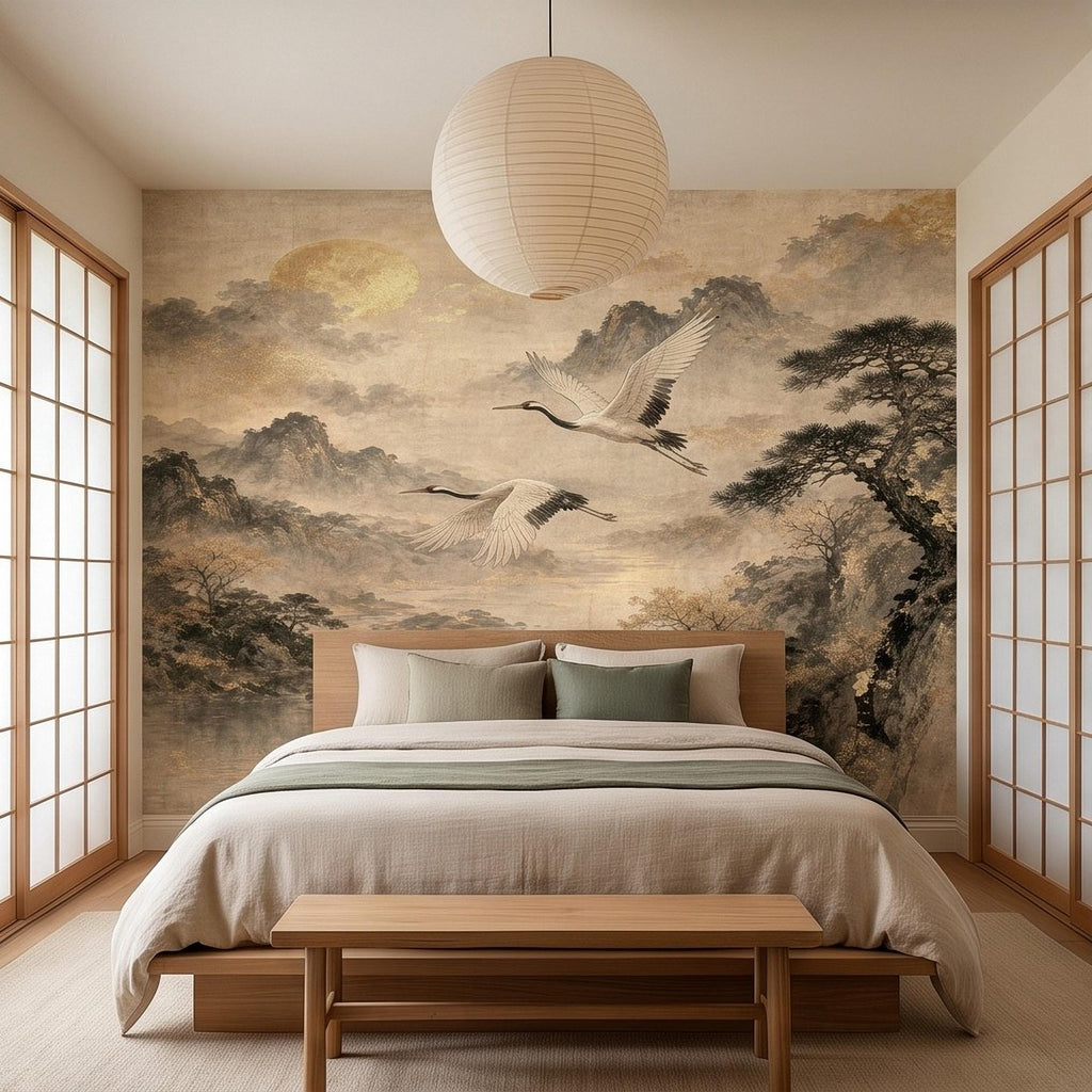 Flying Cranes Peel and Stick Wall Mural, Vintage Oriental Landscape Mountain Pagoda Scenery Traditional Asian Wallpaper