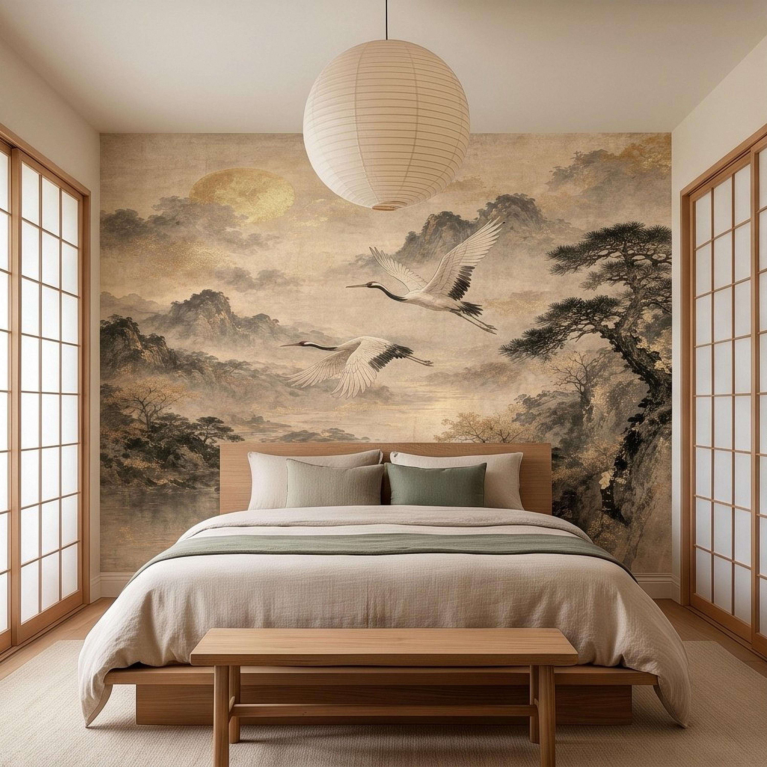 Flying Cranes Peel and Stick Wall Mural, Vintage Oriental Landscape Mountain Pagoda Scenery Traditional Asian Wallpaper
