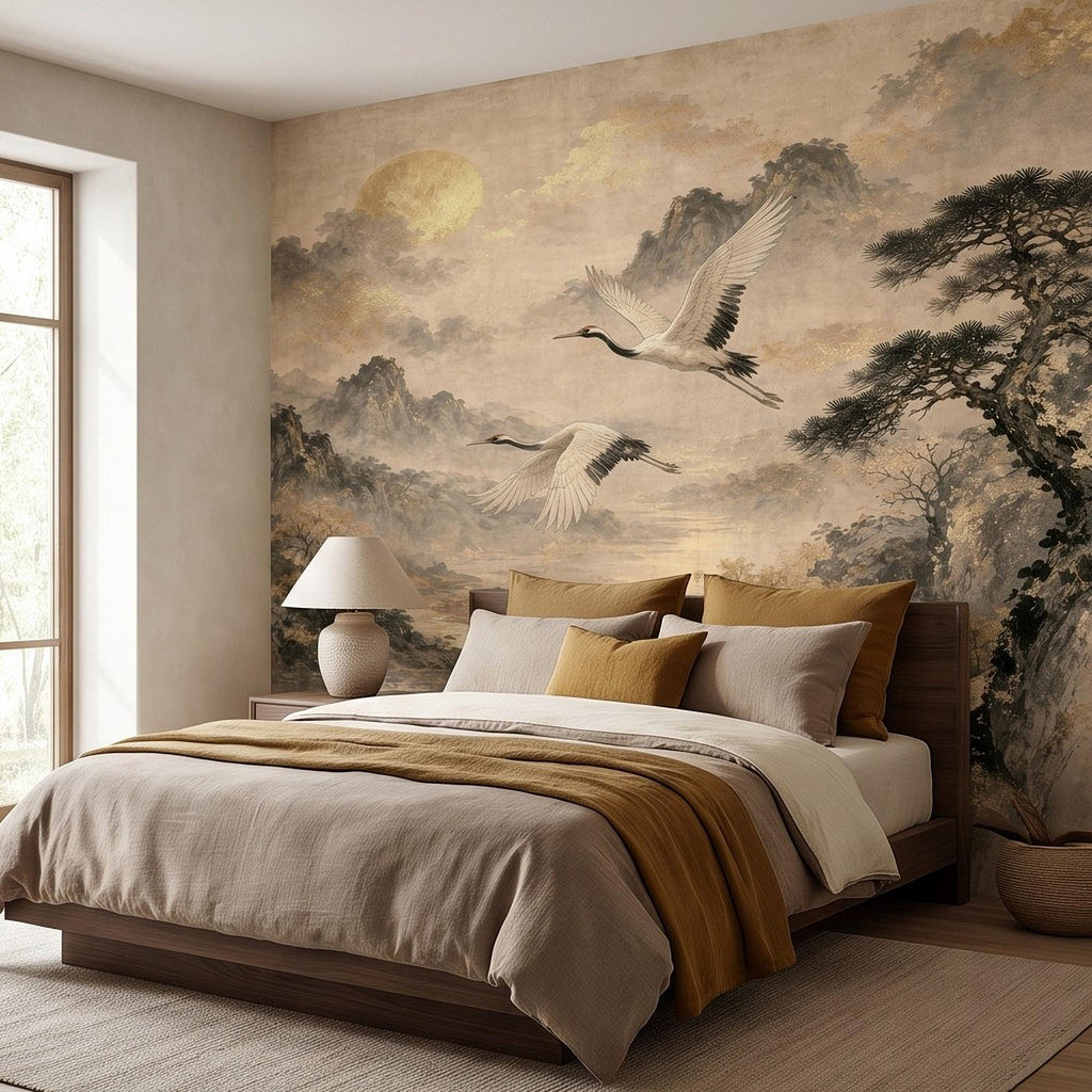 Flying Cranes Peel and Stick Wall Mural, Vintage Oriental Landscape Mountain Pagoda Scenery Traditional Asian Wallpaper