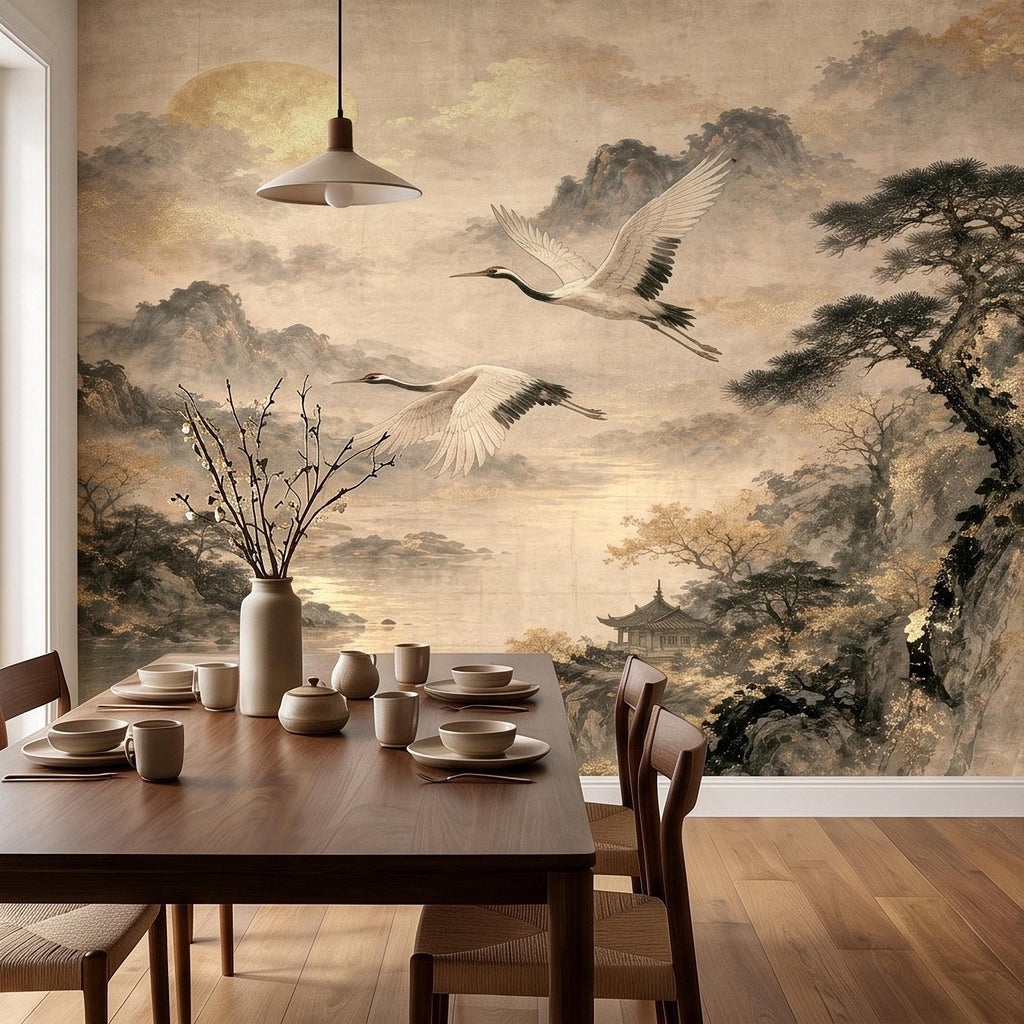 Flying Cranes Peel and Stick Wall Mural, Vintage Oriental Landscape Mountain Pagoda Scenery Traditional Asian Wallpaper