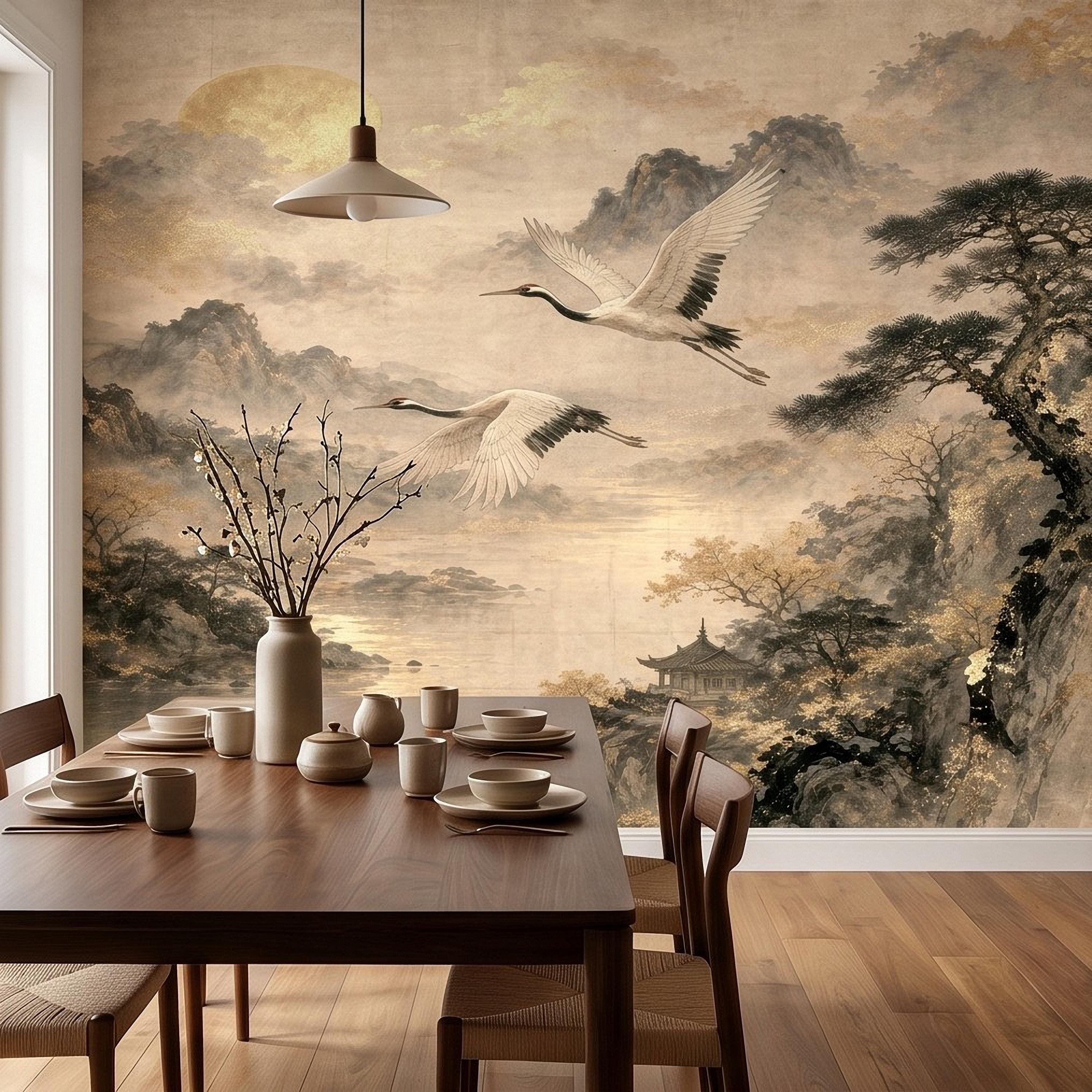 Flying Cranes Peel and Stick Wall Mural, Vintage Oriental Landscape Mountain Pagoda Scenery Traditional Asian Wallpaper