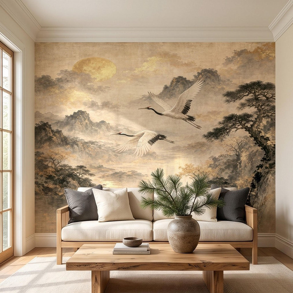 Flying Cranes Peel and Stick Wall Mural, Vintage Oriental Landscape Mountain Pagoda Scenery Traditional Asian Wallpaper