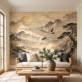 Flying Cranes Peel and Stick Wall Mural, Vintage Oriental Landscape Mountain Pagoda Scenery Traditional Asian Wallpaper