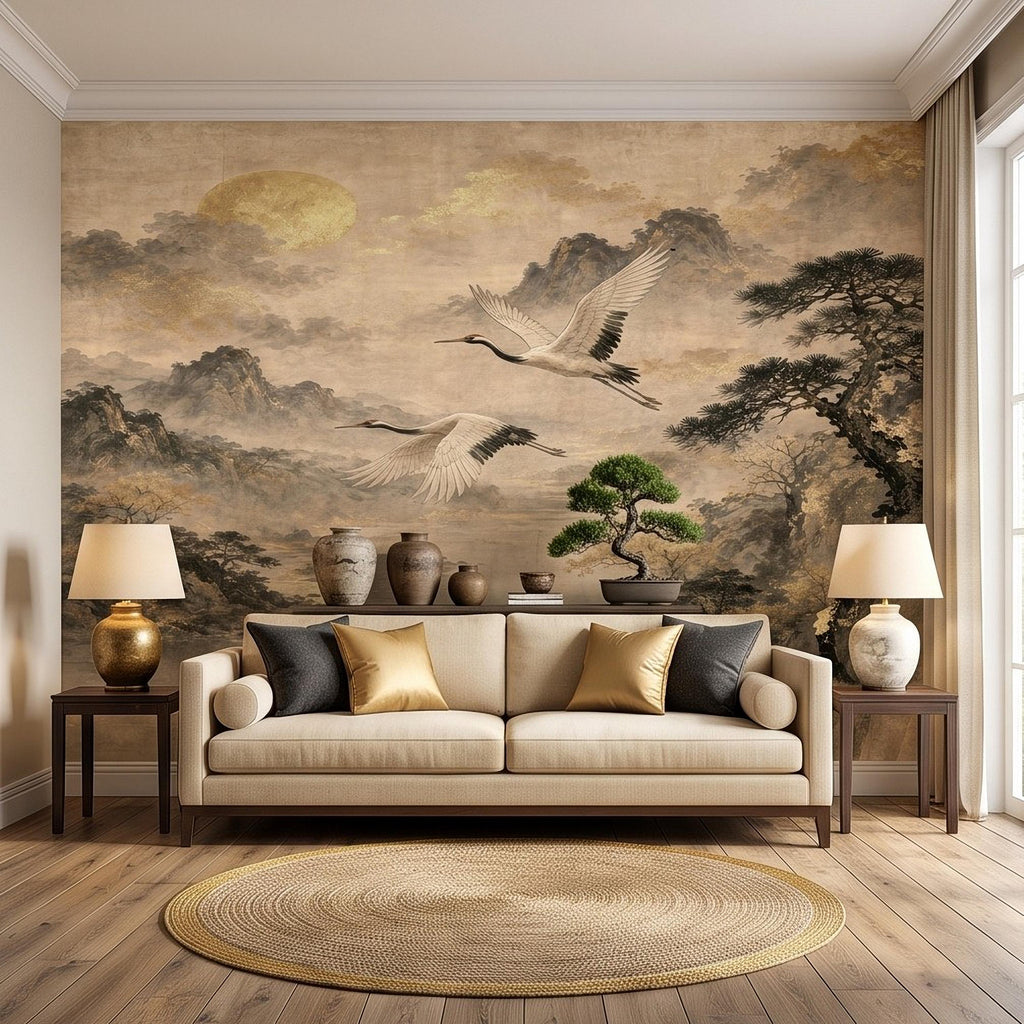 Flying Cranes Peel and Stick Wall Mural, Vintage Oriental Landscape Mountain Pagoda Scenery Traditional Asian Wallpaper