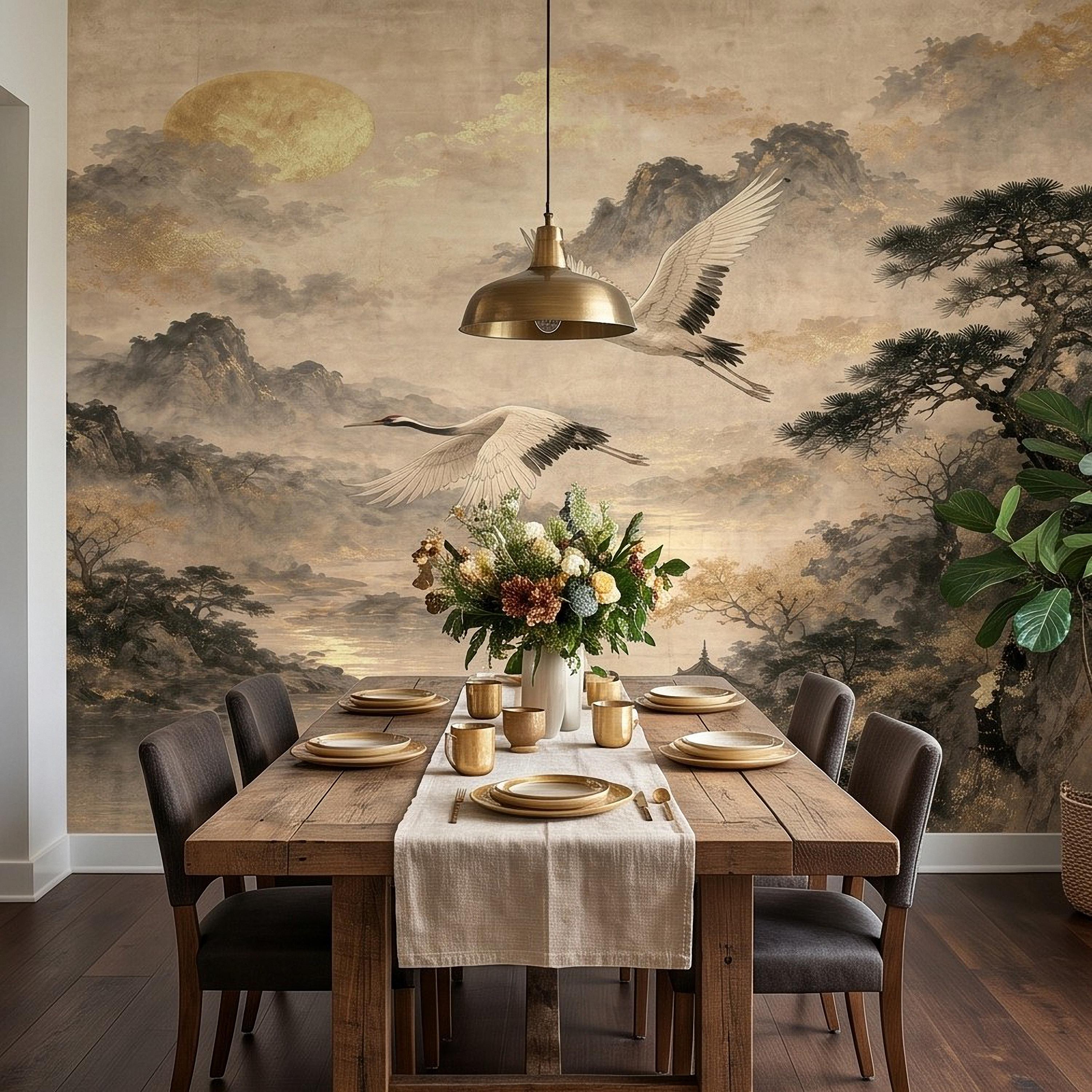 Flying Cranes Peel and Stick Wall Mural, Vintage Oriental Landscape Mountain Pagoda Scenery Traditional Asian Wallpaper