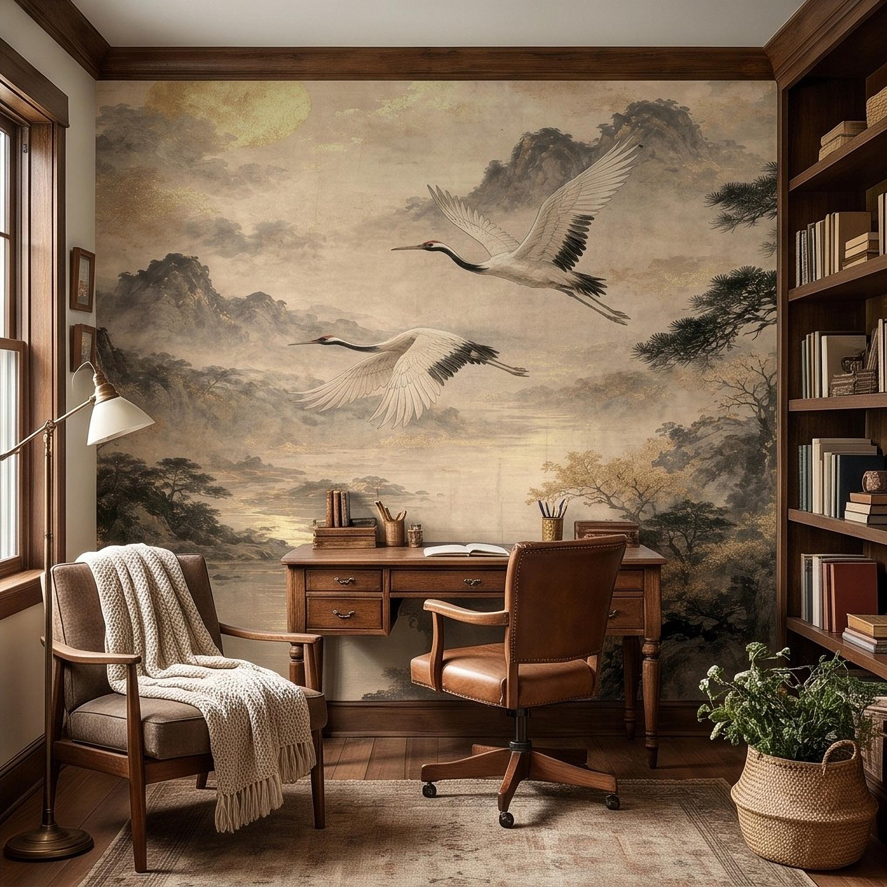 Flying Cranes Peel and Stick Wall Mural, Vintage Oriental Landscape Mountain Pagoda Scenery Traditional Asian Wallpaper