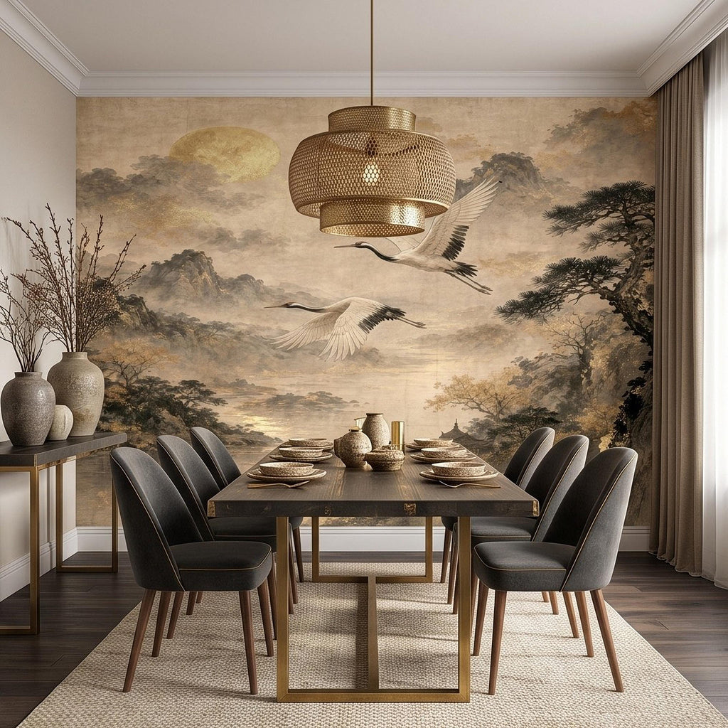 Flying Cranes Peel and Stick Wall Mural, Vintage Oriental Landscape Mountain Pagoda Scenery Traditional Asian Wallpaper