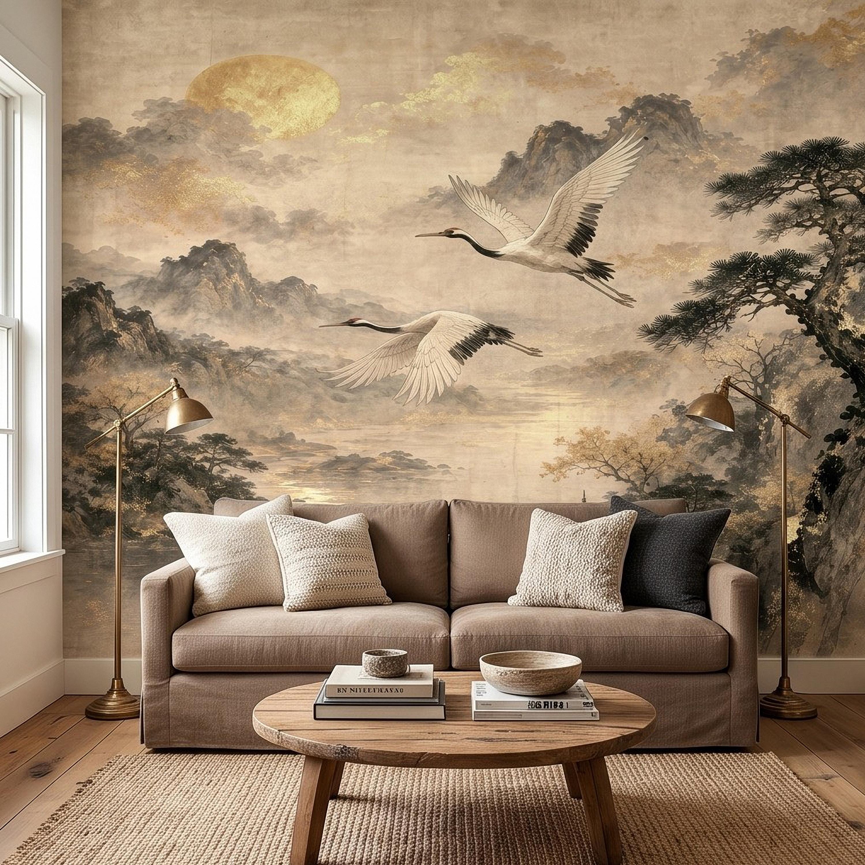 Flying Cranes Peel and Stick Wall Mural, Vintage Oriental Landscape Mountain Pagoda Scenery Traditional Asian Wallpaper