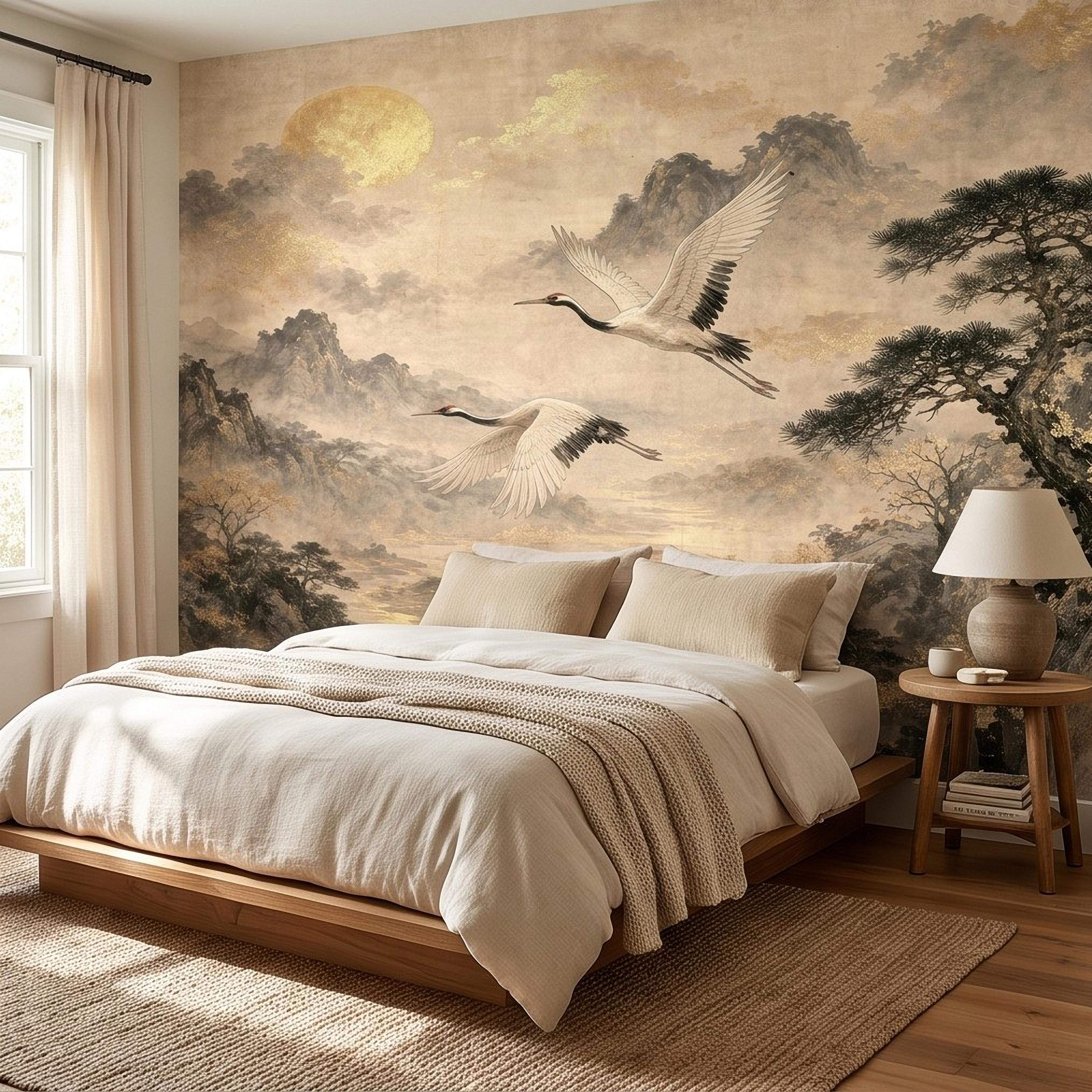 Flying Cranes Peel and Stick Wall Mural, Vintage Oriental Landscape Mountain Pagoda Scenery Traditional Asian Wallpaper