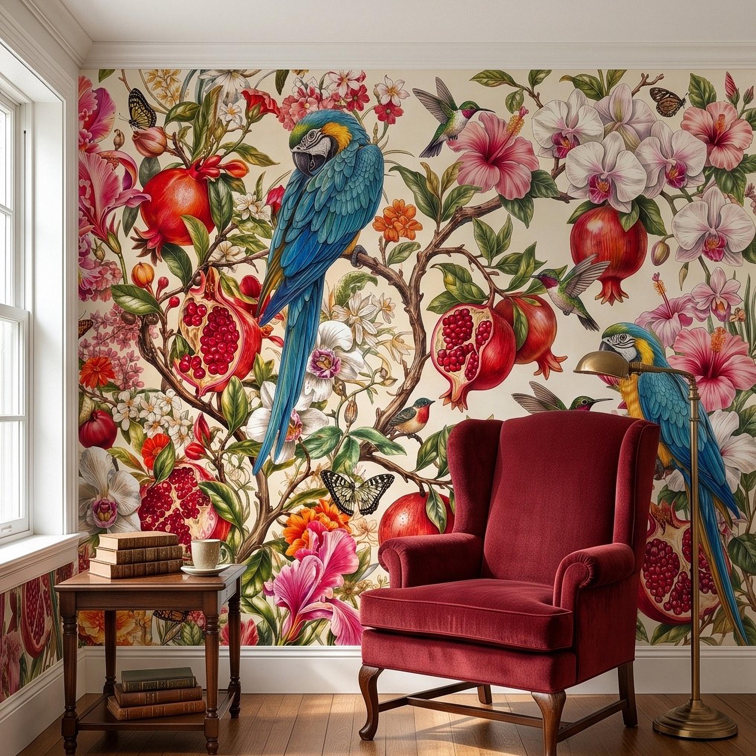 Blue Macaw Peel and Stick Wall Mural, Pomegranate Orchids Hibiscus Hummingbirds Botanical Floral Tropical Garden Wallpaper