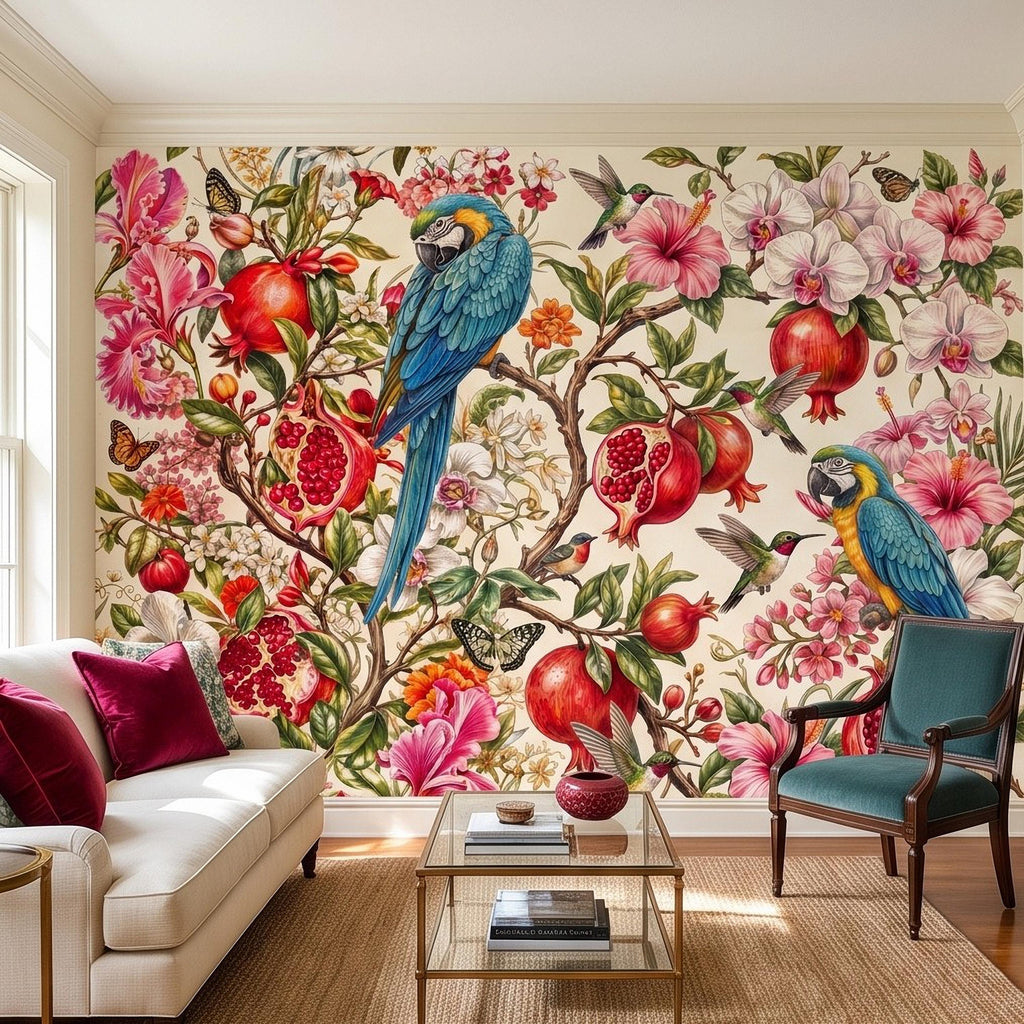 Blue Macaw Peel and Stick Wall Mural, Pomegranate Orchids Hibiscus Hummingbirds Botanical Floral Tropical Garden Wallpaper