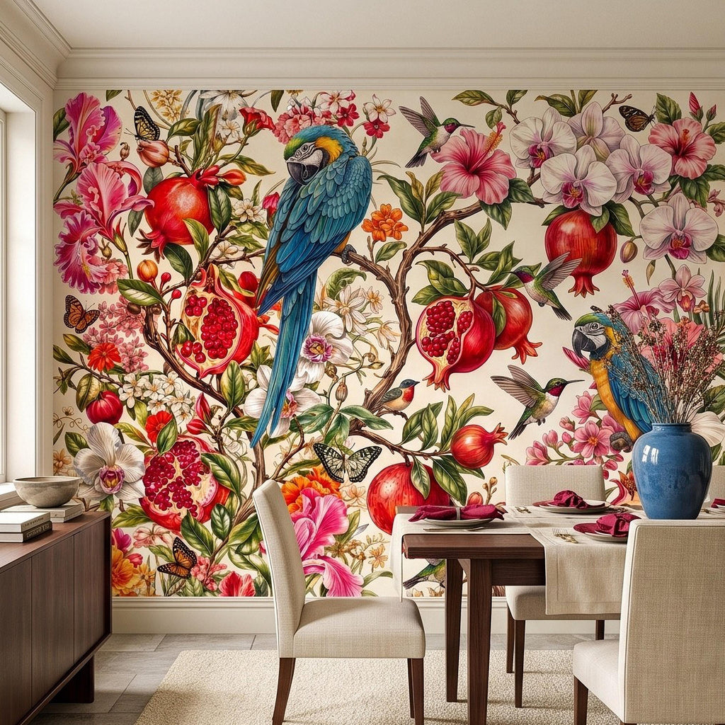 Blue Macaw Peel and Stick Wall Mural, Pomegranate Orchids Hibiscus Hummingbirds Botanical Floral Tropical Garden Wallpaper